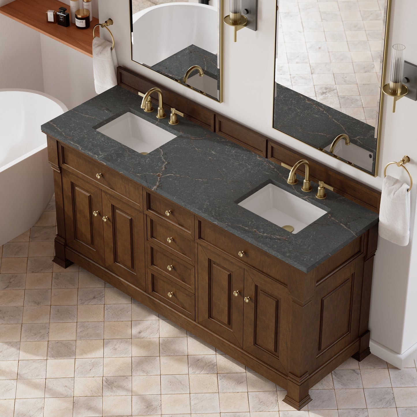 
                  
                    Brookfield 72" Double Vanity in Honey Oak Double Bathroom Vanity James Martin Vanities Parisien Bleu Silestone 
                  
                