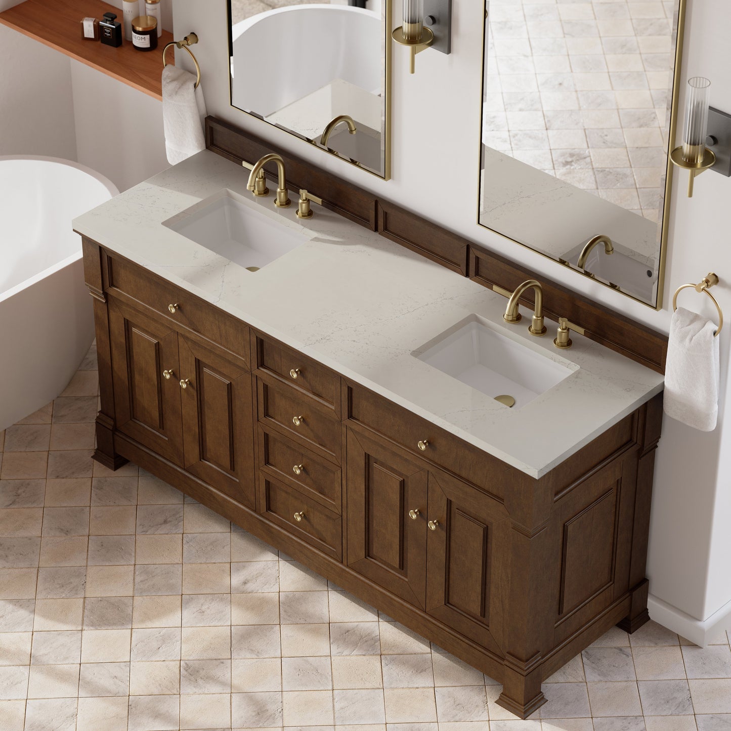 
                  
                    Brookfield 72" Double Vanity in Honey Oak Double Bathroom Vanity James Martin Vanities Siberian Silestone 
                  
                