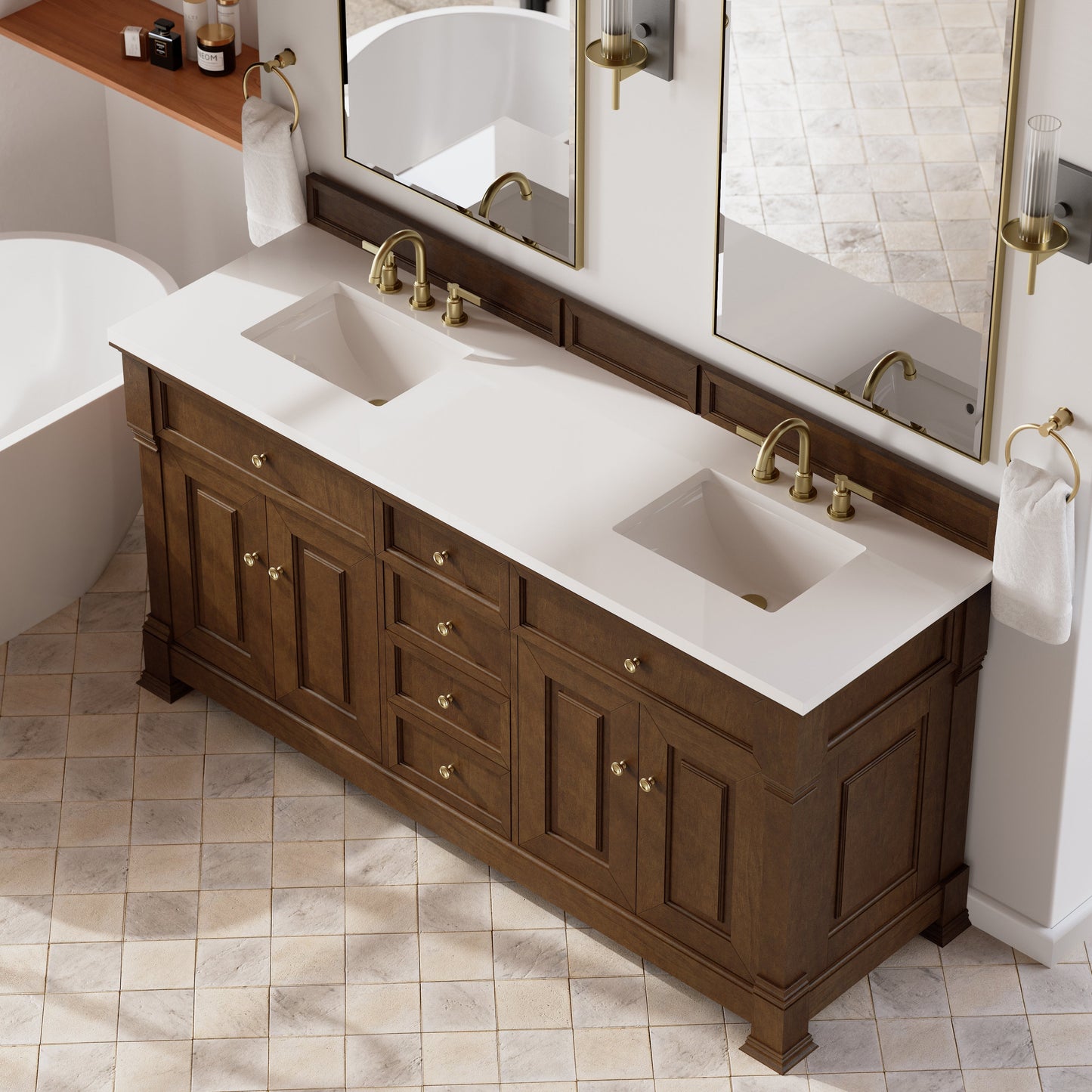 
                  
                    Brookfield 72" Double Vanity in Honey Oak Double Bathroom Vanity James Martin Vanities White Zeus Silestone 
                  
                