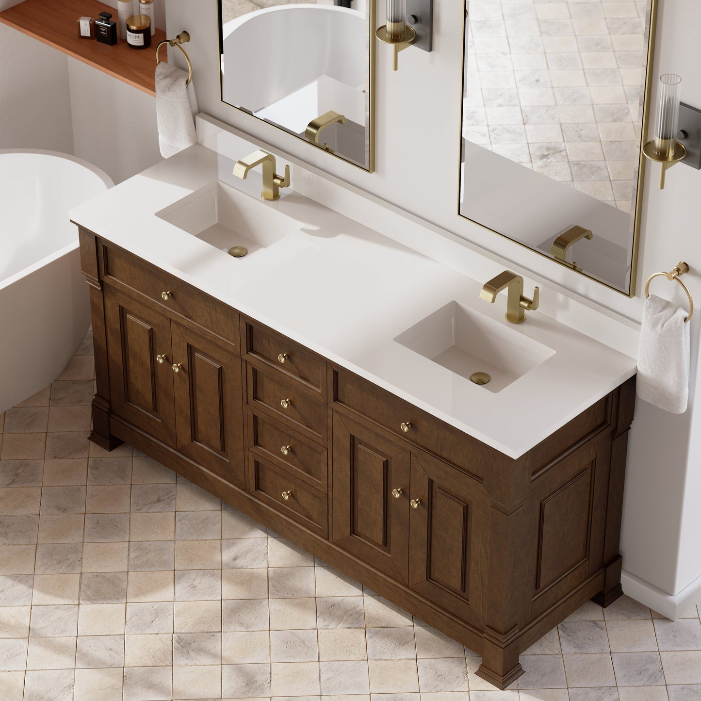 
                  
                    Brookfield 72" Double Vanity in Honey Oak Double Bathroom Vanity James Martin Vanities White Zeus Single Faucet Hole Silestone w/Backsplash 
                  
                