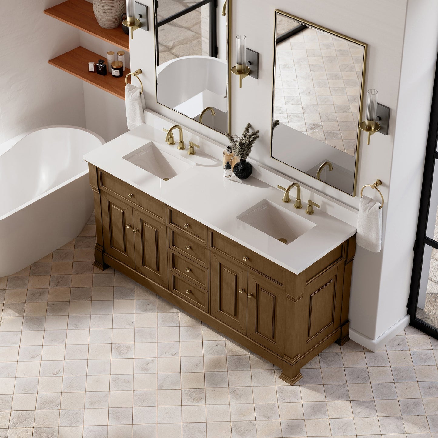 
                  
                    Brookfield 72" Double Vanity in Honey Oak Double Bathroom Vanity James Martin Vanities White Zeus Single Faucet Hole Silestone w/Backsplash 
                  
                