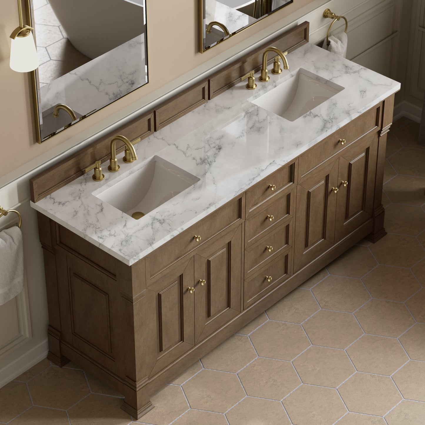 
                  
                    Brookfield 72" Double Vanity in Pecan Double Bathroom Vanity James Martin Vanities Carrara White Marble 
                  
                