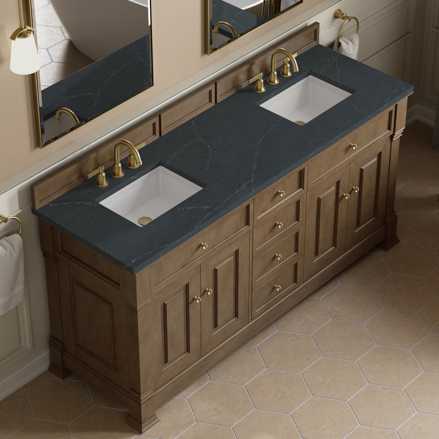 
                  
                    Brookfield 72" Double Vanity in Pecan Double Bathroom Vanity James Martin Vanities Charcoal Soapstone Silestone 
                  
                