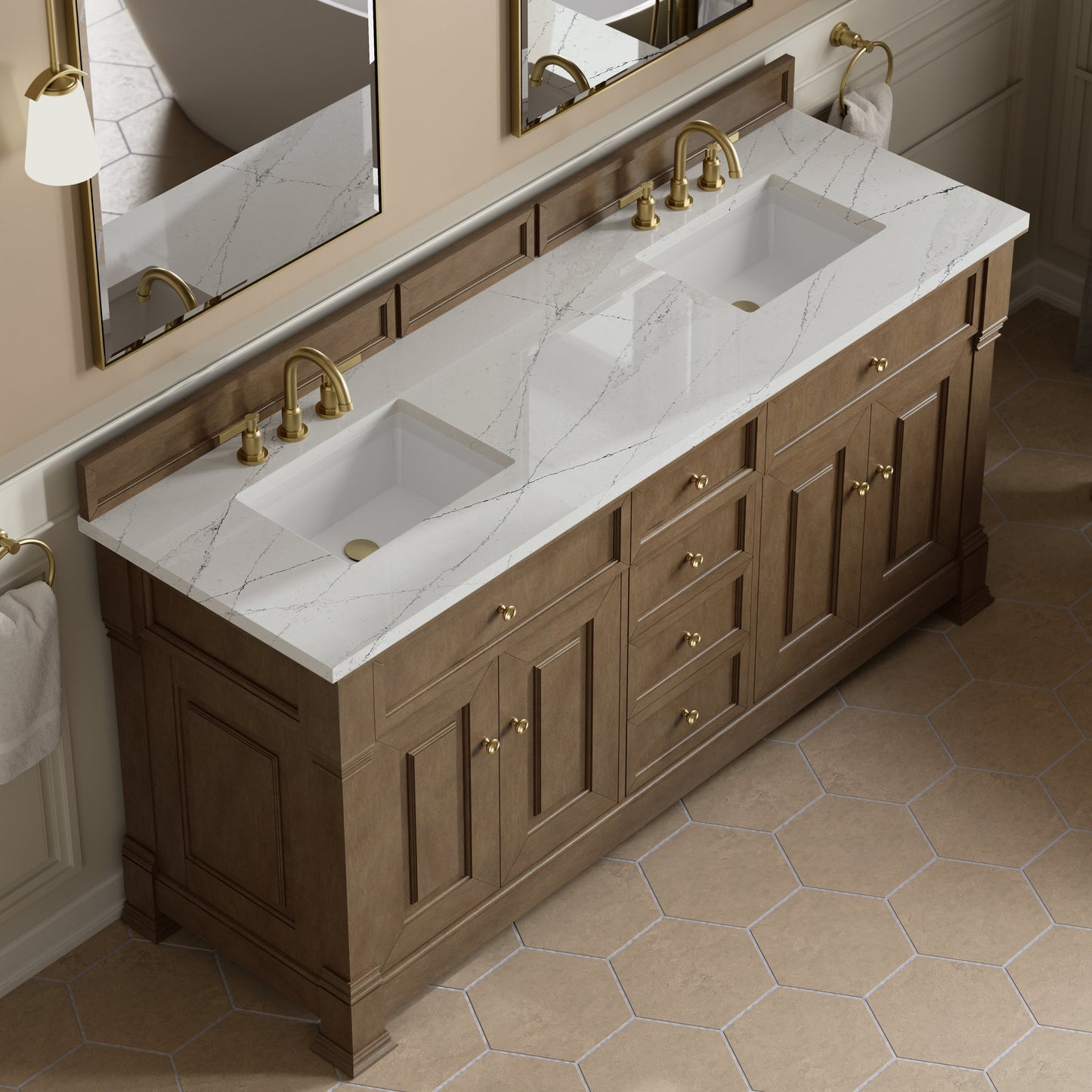
                  
                    Brookfield 72" Double Vanity in Pecan Double Bathroom Vanity James Martin Vanities Ethereal Noctis Silestone 
                  
                