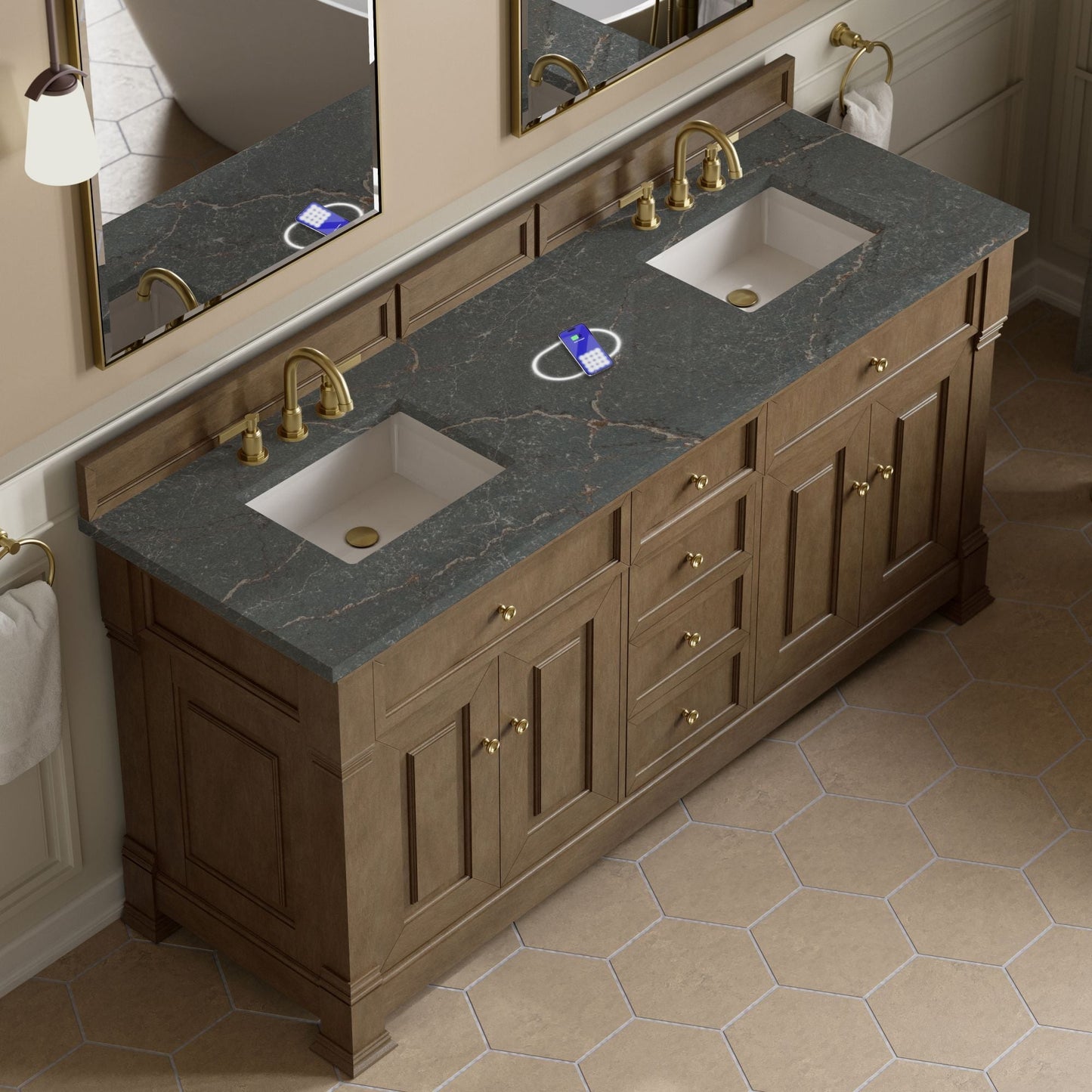 
                  
                    Brookfield 72" Double Vanity in Pecan Double Bathroom Vanity James Martin Vanities FreePower-Enabled Parisien Bleu Silestone 
                  
                