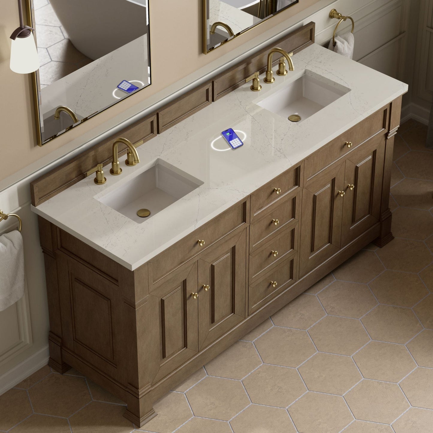 
                  
                    Brookfield 72" Double Vanity in Pecan Double Bathroom Vanity James Martin Vanities FreePower-Enabled Siberian Silestone 
                  
                