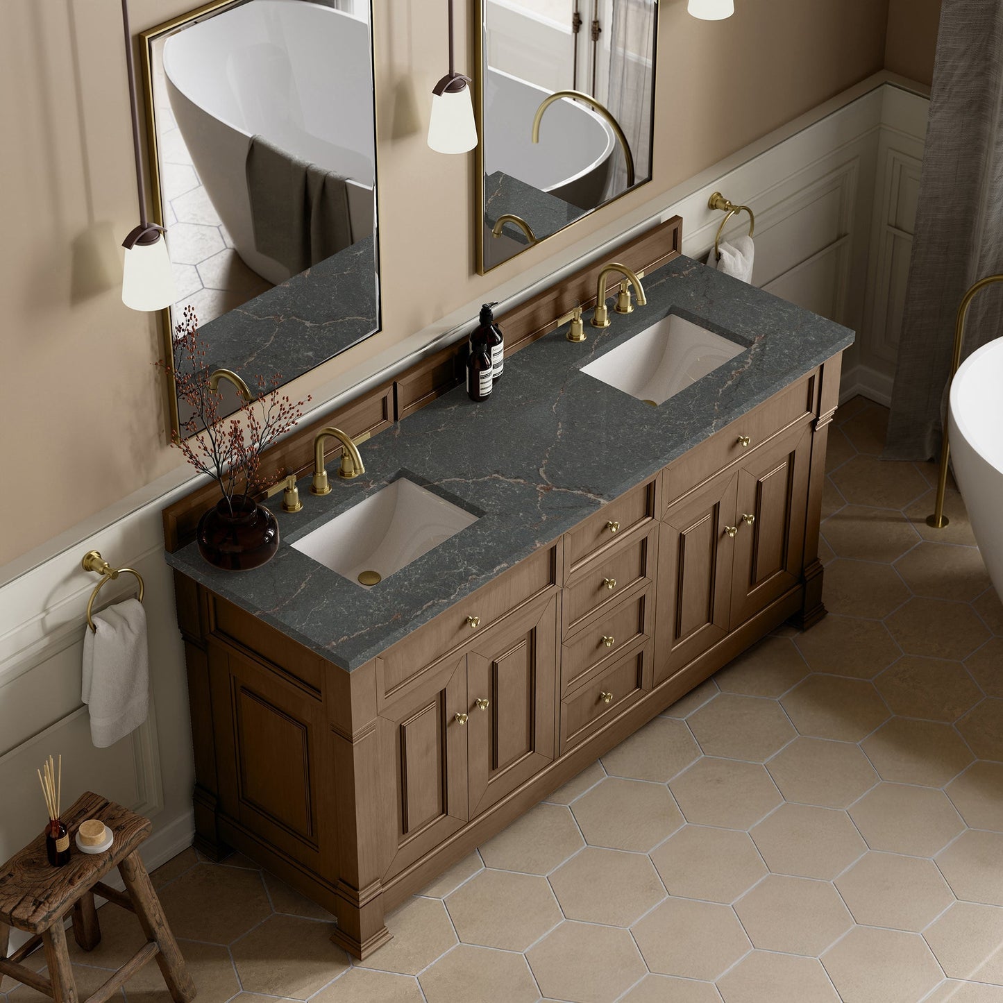 
                  
                    Brookfield 72" Double Vanity in Pecan Double Bathroom Vanity James Martin Vanities Parisien Bleu Silestone 
                  
                
