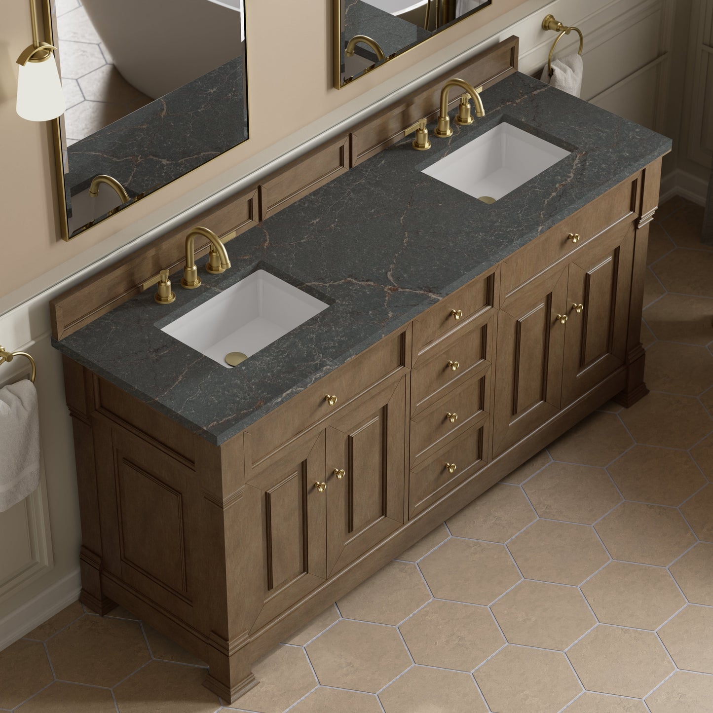
                  
                    Brookfield 72" Double Vanity in Pecan Double Bathroom Vanity James Martin Vanities Parisien Bleu Silestone 
                  
                