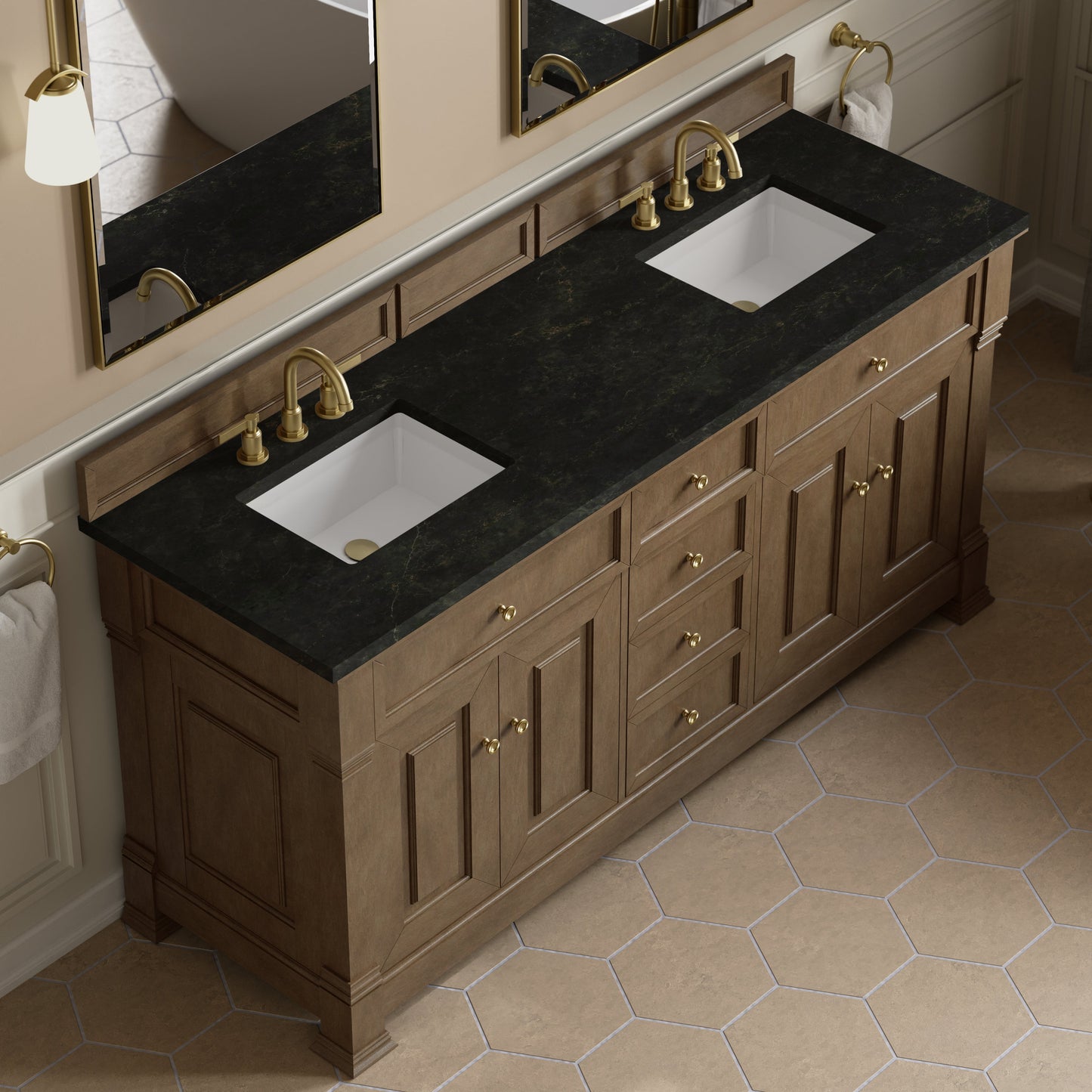 
                  
                    Brookfield 72" Double Vanity in Pecan Double Bathroom Vanity James Martin Vanities Phantome Eclos 
                  
                
