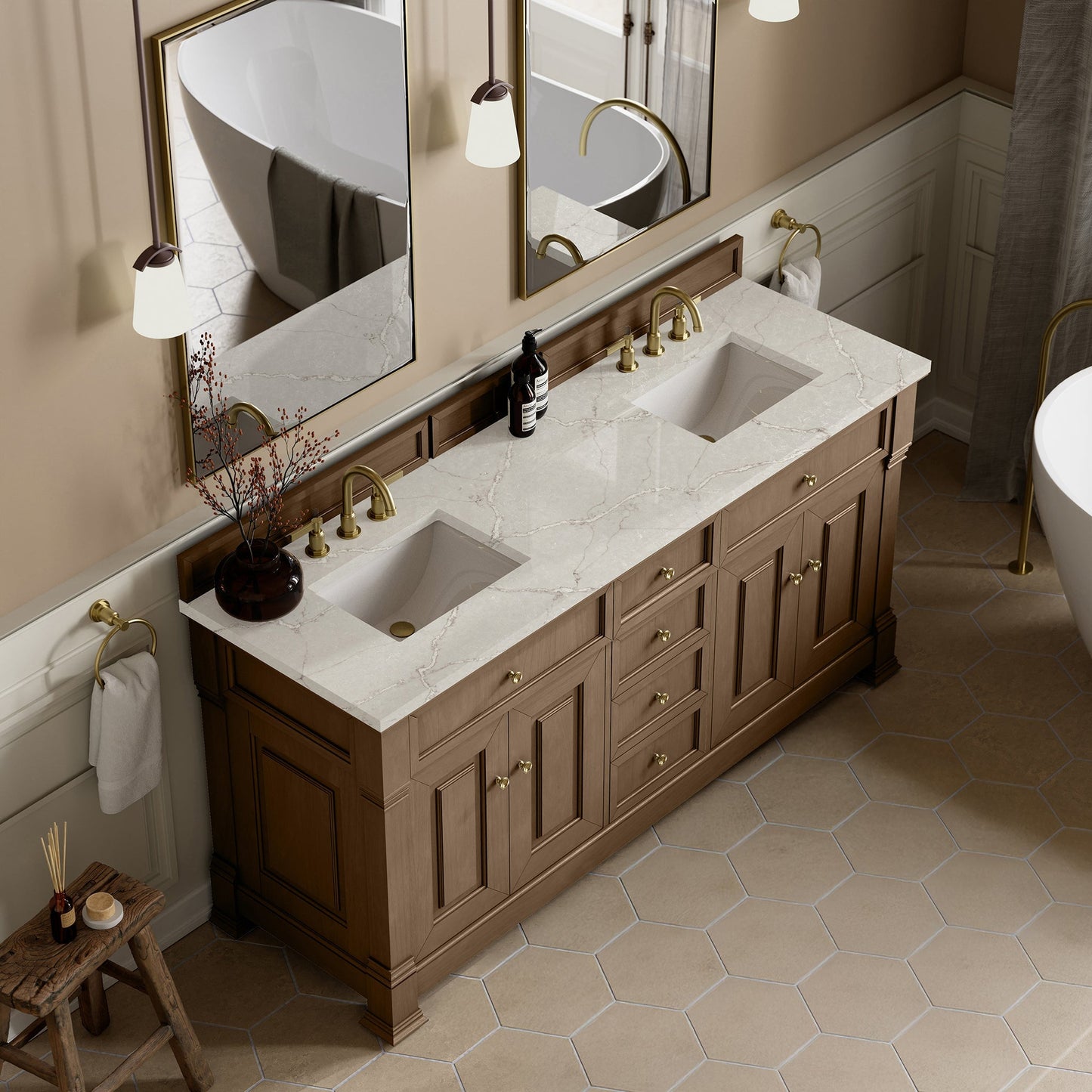 
                  
                    Brookfield 72" Double Vanity in Pecan Double Bathroom Vanity James Martin Vanities Victorian Silver Silestone 
                  
                