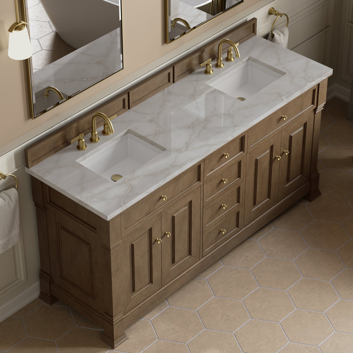 
                  
                    Brookfield 72" Double Vanity in Pecan Double Bathroom Vanity James Martin Vanities Victorian Silver Silestone 
                  
                