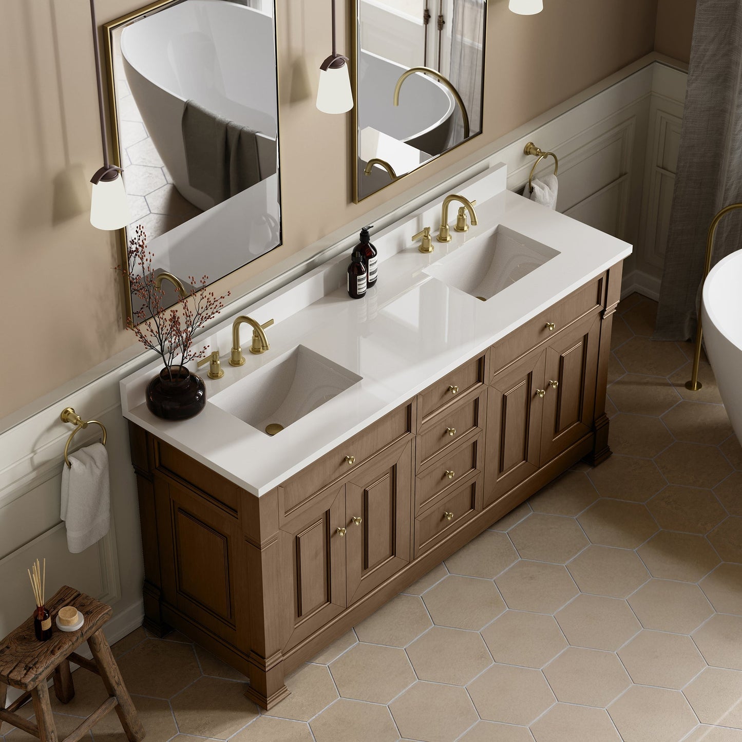 
                  
                    Brookfield 72" Double Vanity in Pecan Double Bathroom Vanity James Martin Vanities White Zeus Single Faucet Hole Silestone w/Backsplash 
                  
                