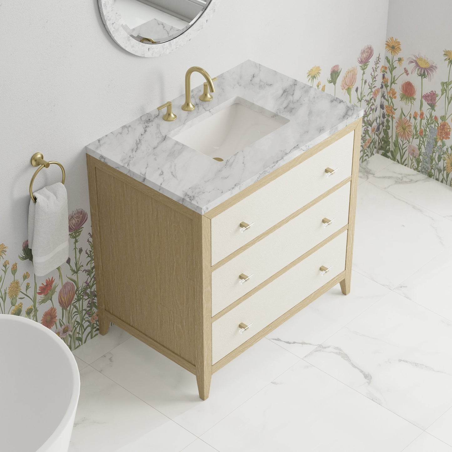 
                  
                    Celeste 36" Single Vanity in Sunwashed Oak with Embossed Shagreen Single Bathroom Vanity James Martin Vanities Carrara Marble 
                  
                