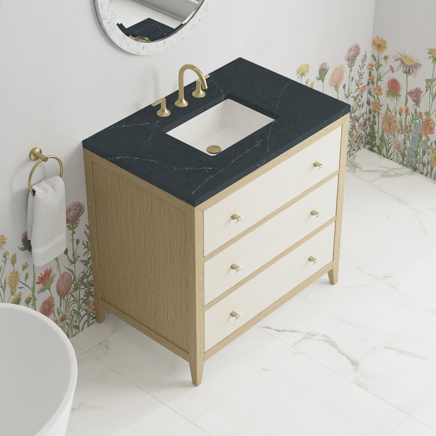 
                  
                    Celeste 36" Single Vanity in Sunwashed Oak with Embossed Shagreen Single Bathroom Vanity James Martin Vanities Charcoal Soapstone Silestone 
                  
                