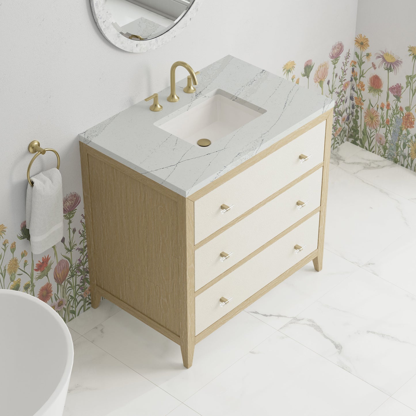 
                  
                    Celeste 36" Single Vanity in Sunwashed Oak with Embossed Shagreen Single Bathroom Vanity James Martin Vanities Ethereal Noctis Silestone 
                  
                