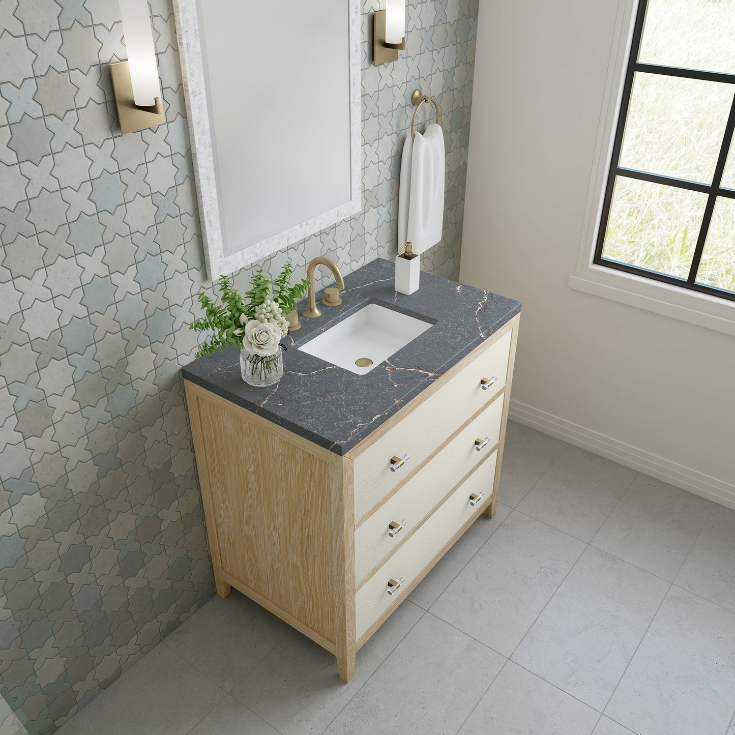 
                  
                    Celeste 36" Single Vanity in Sunwashed Oak with Embossed Shagreen Single Bathroom Vanity James Martin Vanities Parisien Bleu Silestone 
                  
                