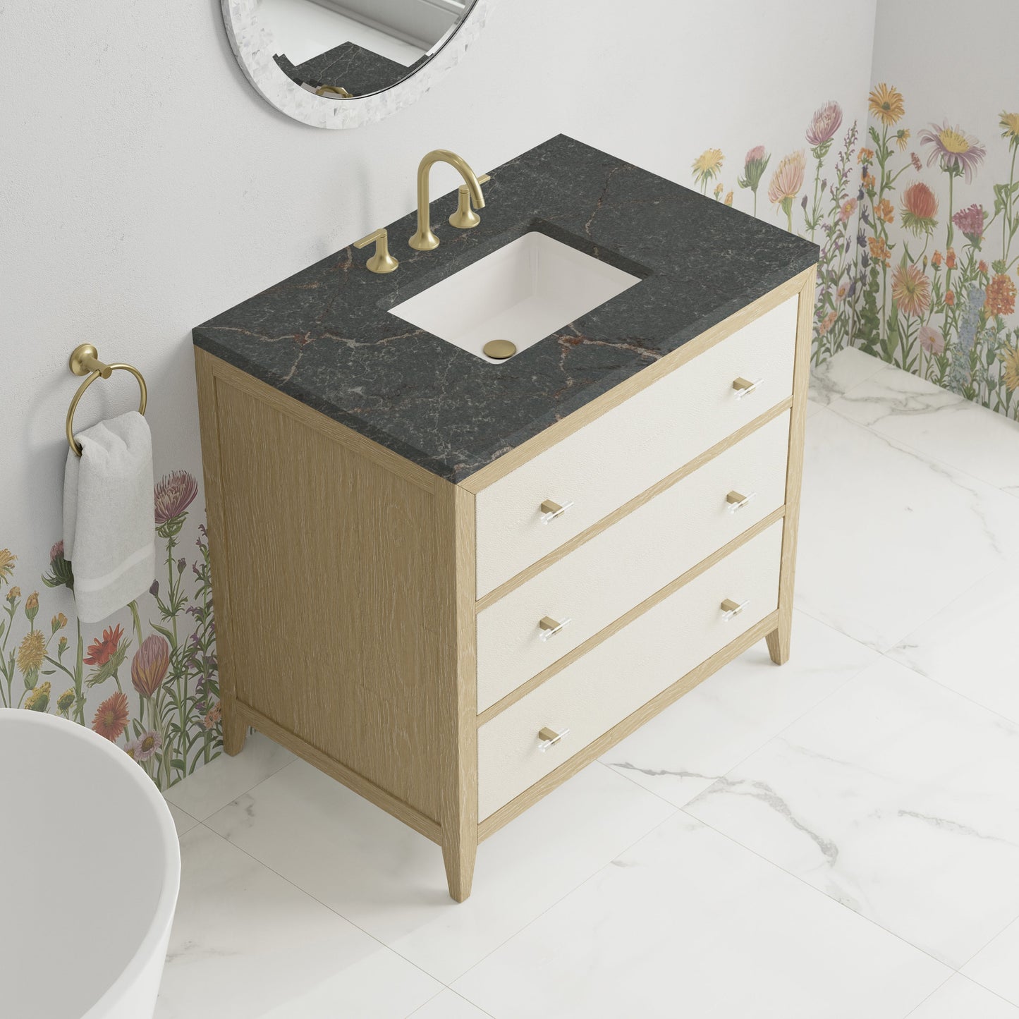 
                  
                    Celeste 36" Single Vanity in Sunwashed Oak with Embossed Shagreen Single Bathroom Vanity James Martin Vanities Parisien Bleu Silestone 
                  
                