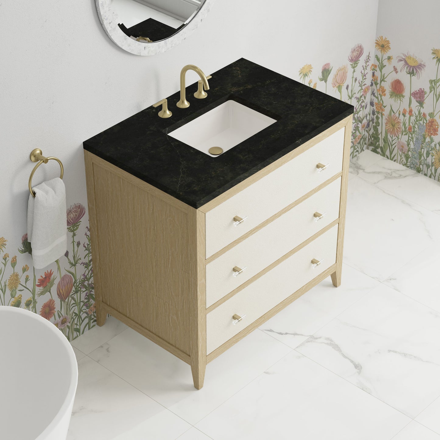 
                  
                    Celeste 36" Single Vanity in Sunwashed Oak with Embossed Shagreen Single Bathroom Vanity James Martin Vanities Phantome Eclos 
                  
                