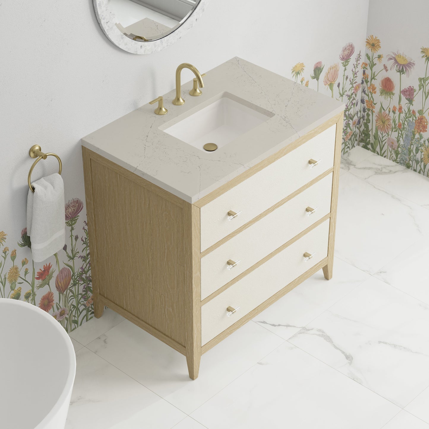 
                  
                    Celeste 36" Single Vanity in Sunwashed Oak with Embossed Shagreen Single Bathroom Vanity James Martin Vanities Siberian Silestone 
                  
                