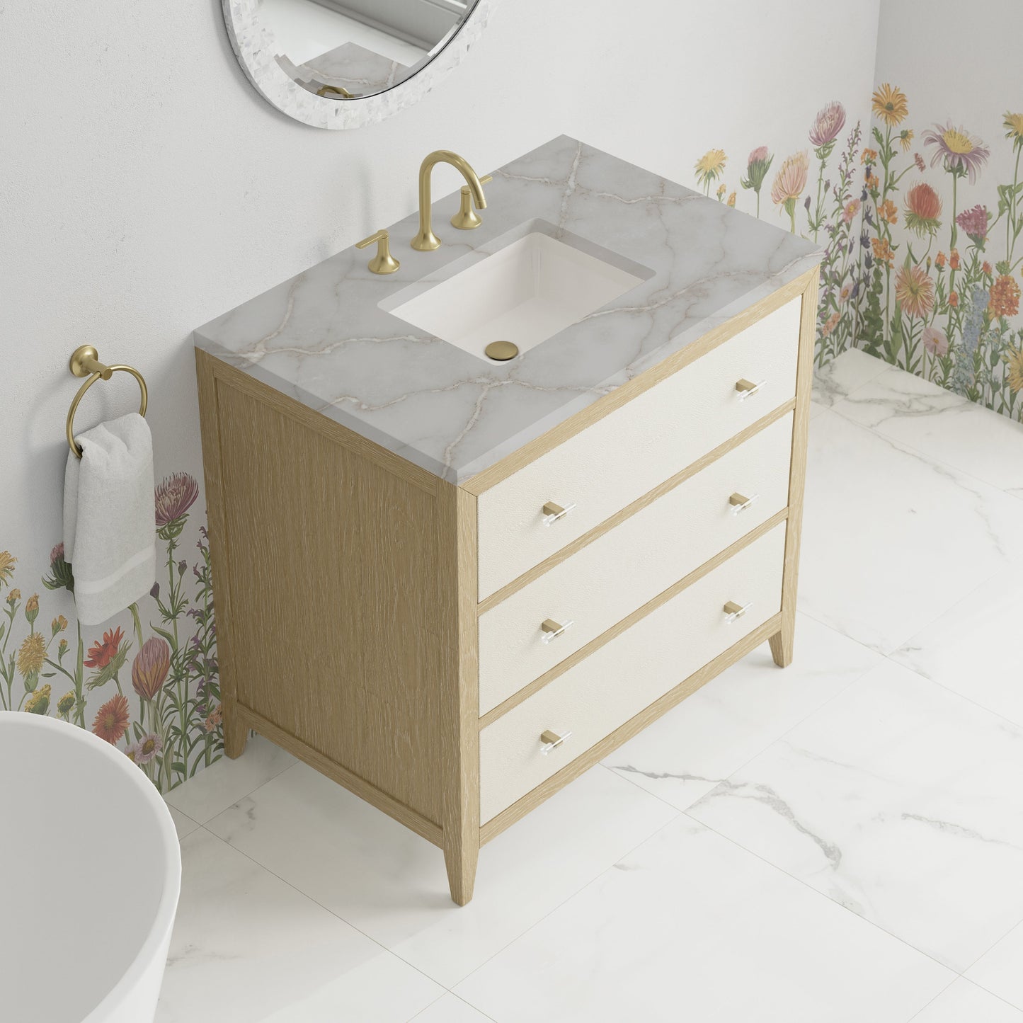
                  
                    Celeste 36" Single Vanity in Sunwashed Oak with Embossed Shagreen Single Bathroom Vanity James Martin Vanities Victorian Silver Silestone 
                  
                