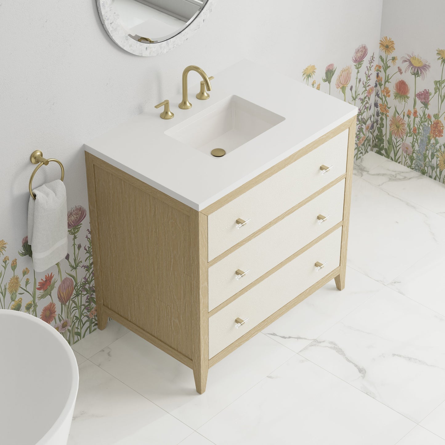 
                  
                    Celeste 36" Single Vanity in Sunwashed Oak with Embossed Shagreen Single Bathroom Vanity James Martin Vanities White Zeus Silestone 
                  
                