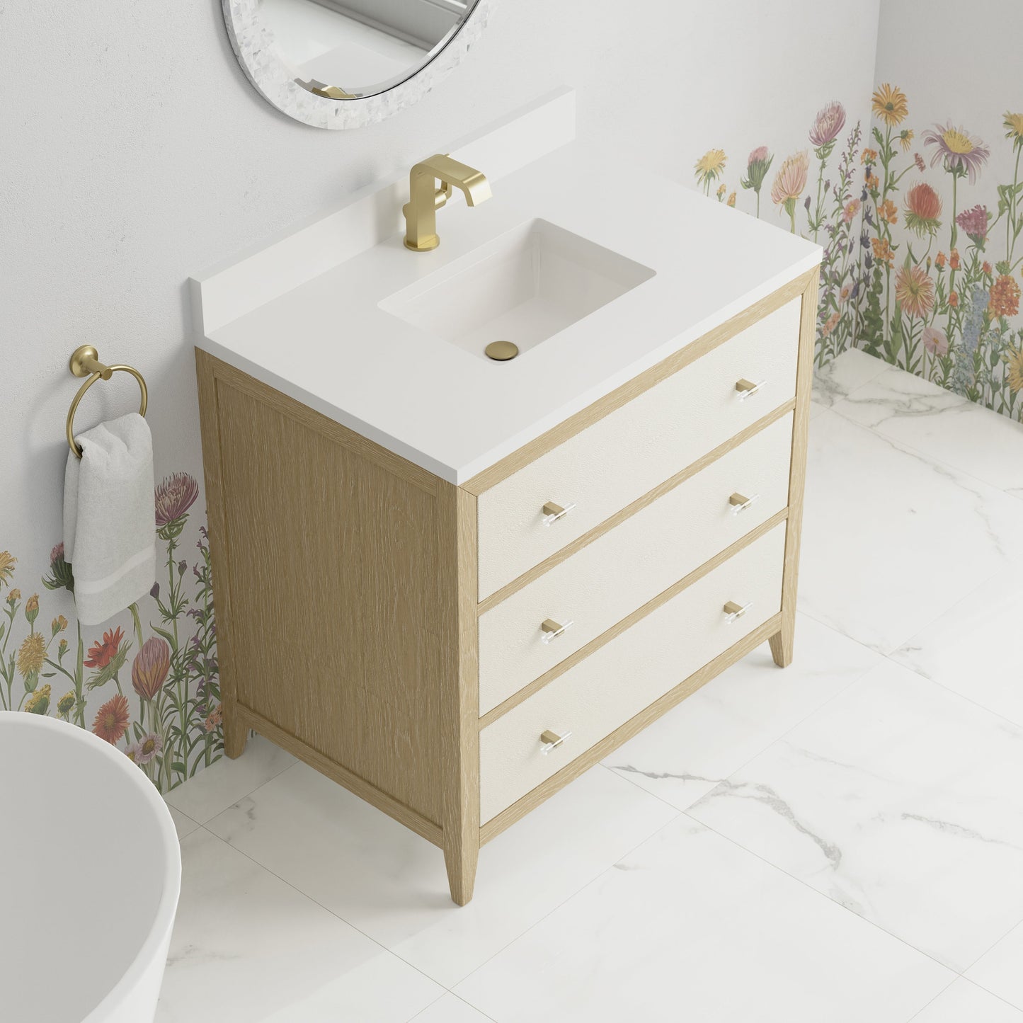 
                  
                    Celeste 36" Single Vanity in Sunwashed Oak with Embossed Shagreen Single Bathroom Vanity James Martin Vanities White Zeus Silestone Single-Hole Faucet 
                  
                