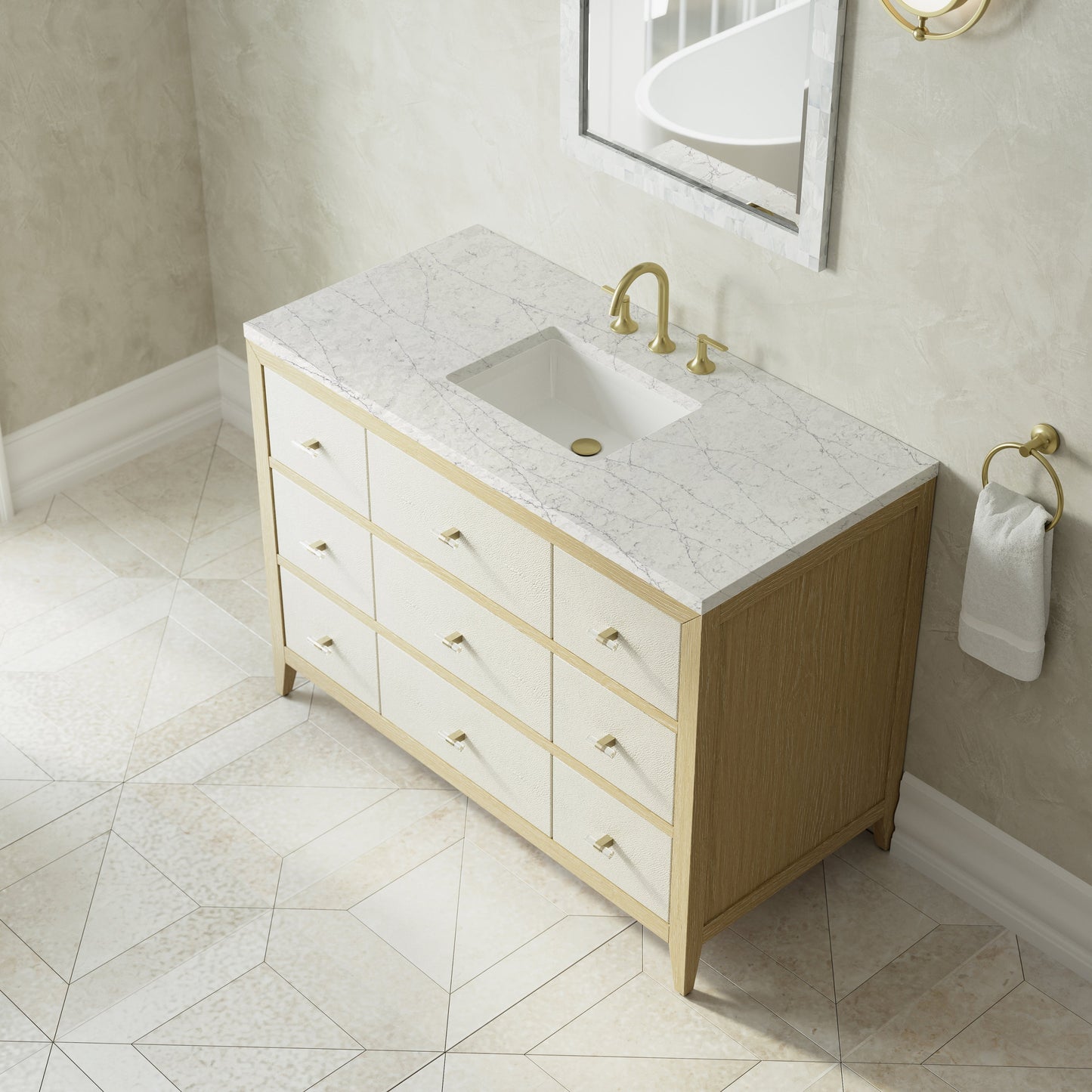 
                  
                    Celeste 48" Single Vanity in Sunwashed Oak with Embossed Shagreen Single Bathroom Vanity James Martin Vanities Eternal Jasmine Pearl Silestone 
                  
                