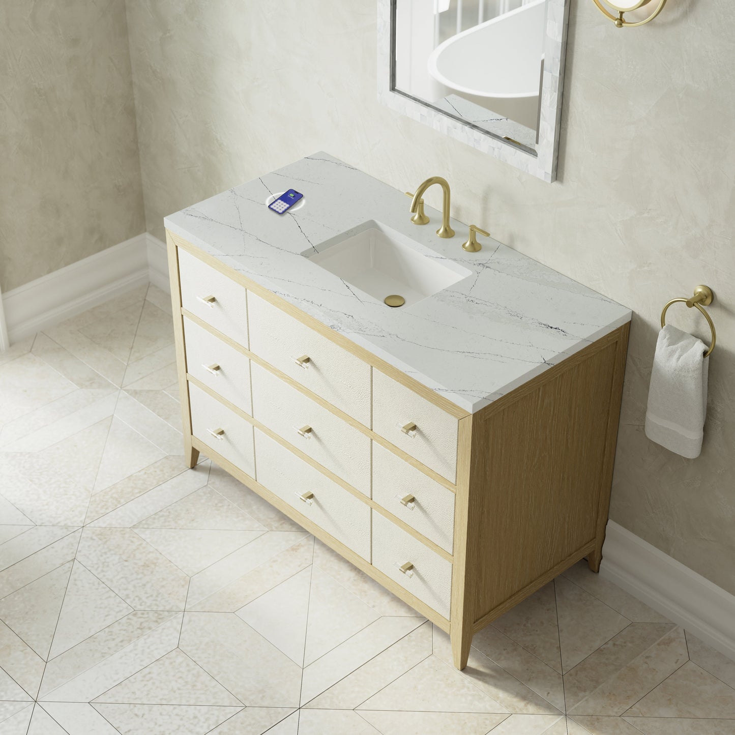 
                  
                    Celeste 48" Single Vanity in Sunwashed Oak with Embossed Shagreen Single Bathroom Vanity James Martin Vanities FreePower-Enabled Ethereal Noctis Silestone 
                  
                