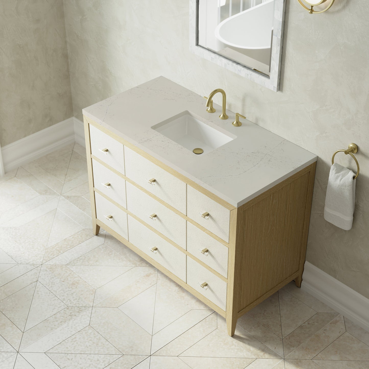 
                  
                    Celeste 48" Single Vanity in Sunwashed Oak with Embossed Shagreen Single Bathroom Vanity James Martin Vanities Siberian Silestone 
                  
                