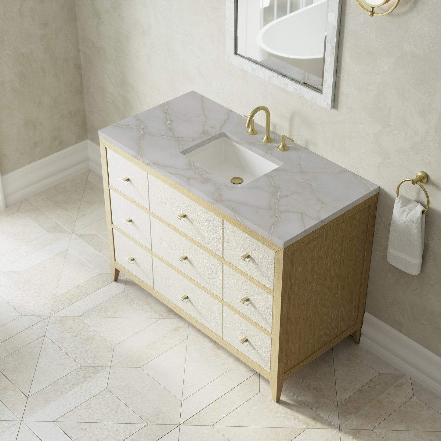 
                  
                    Celeste 48" Single Vanity in Sunwashed Oak with Embossed Shagreen Single Bathroom Vanity James Martin Vanities Victorian Silver Silestone 
                  
                