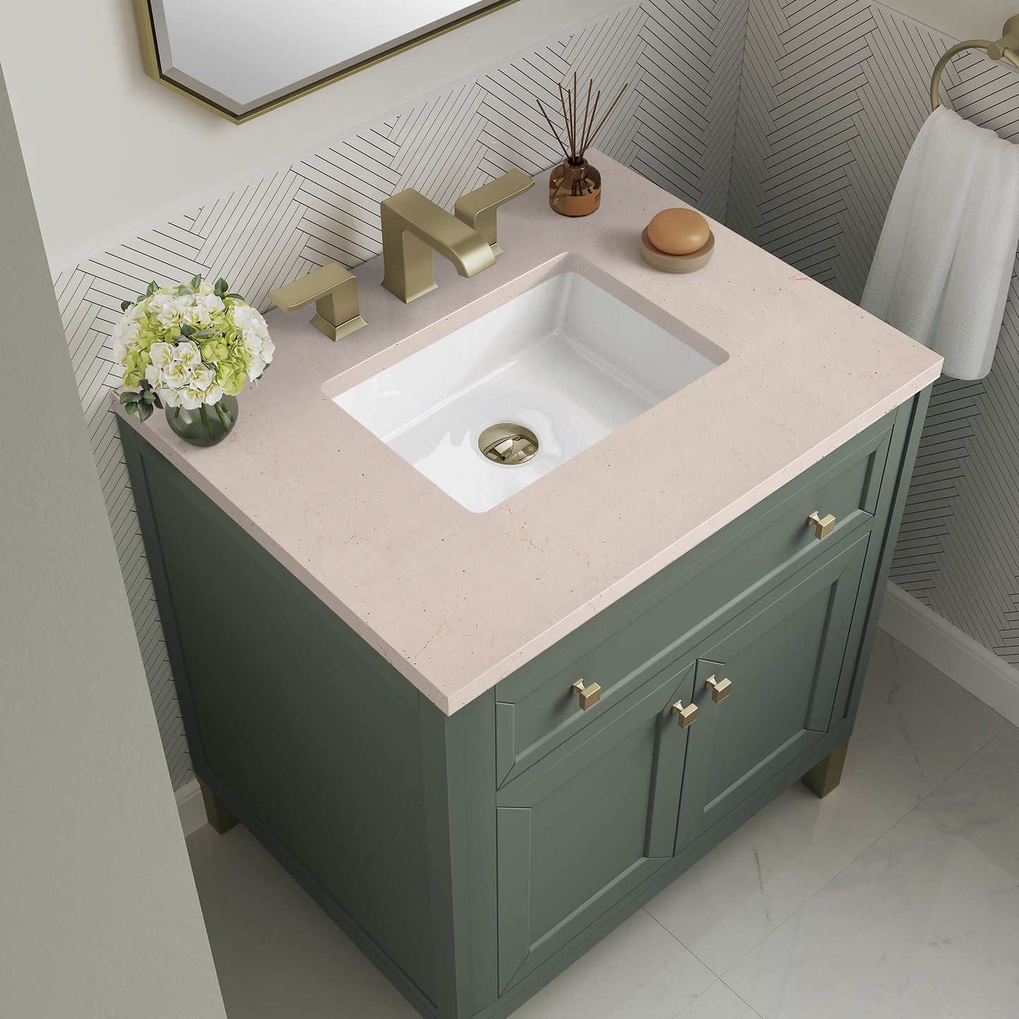 
                  
                    Chicago 30" Single Bathroom Vanity in Smokey Celadon Single Bathroom Vanity James Martin Vanities Eternal Marfil Silestone 
                  
                