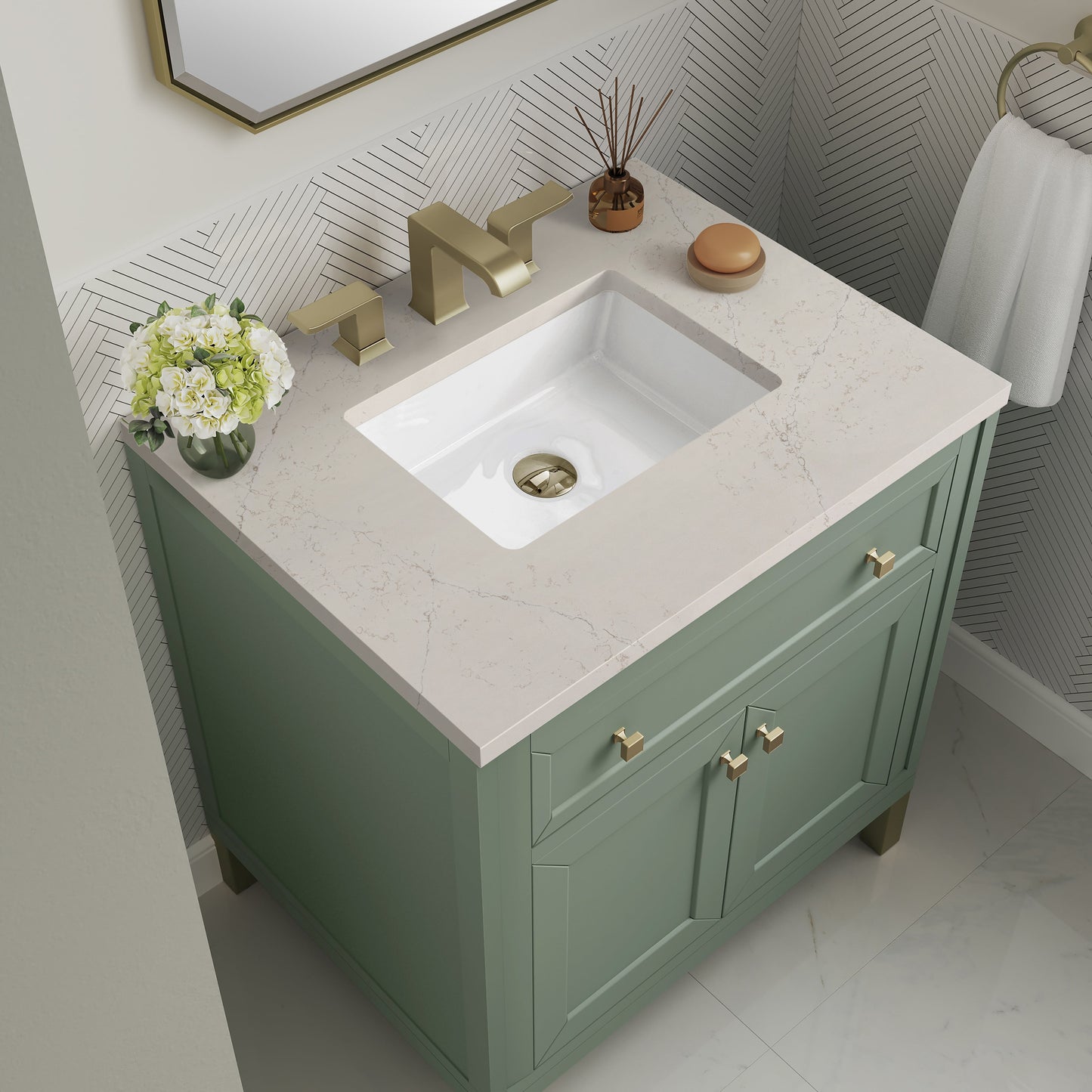 
                  
                    Chicago 30" Single Bathroom Vanity in Smokey Celadon Single Bathroom Vanity James Martin Vanities Siberian Silestone 
                  
                