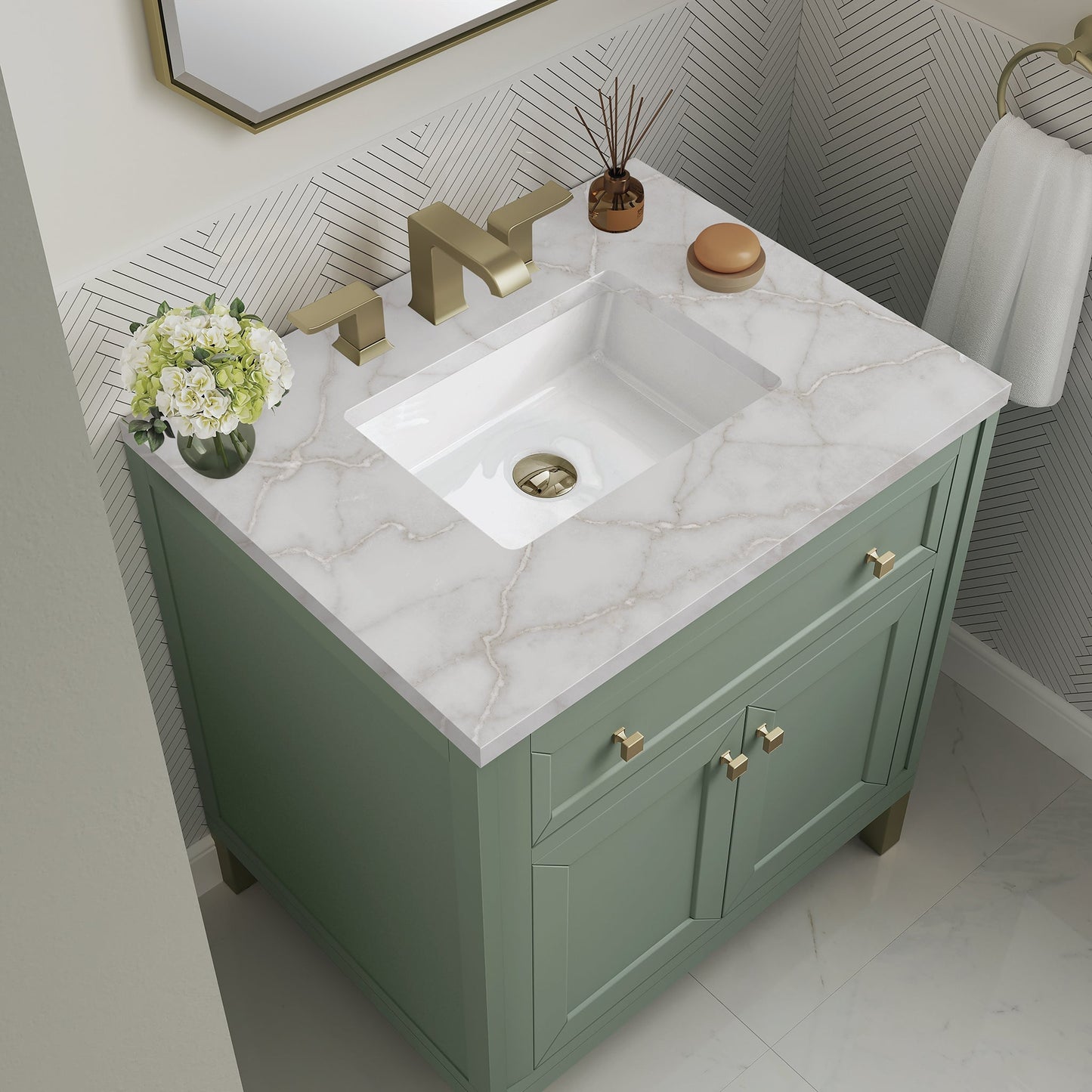 
                  
                    Chicago 30" Single Bathroom Vanity in Smokey Celadon Single Bathroom Vanity James Martin Vanities Victorian Silver Silestone 
                  
                
