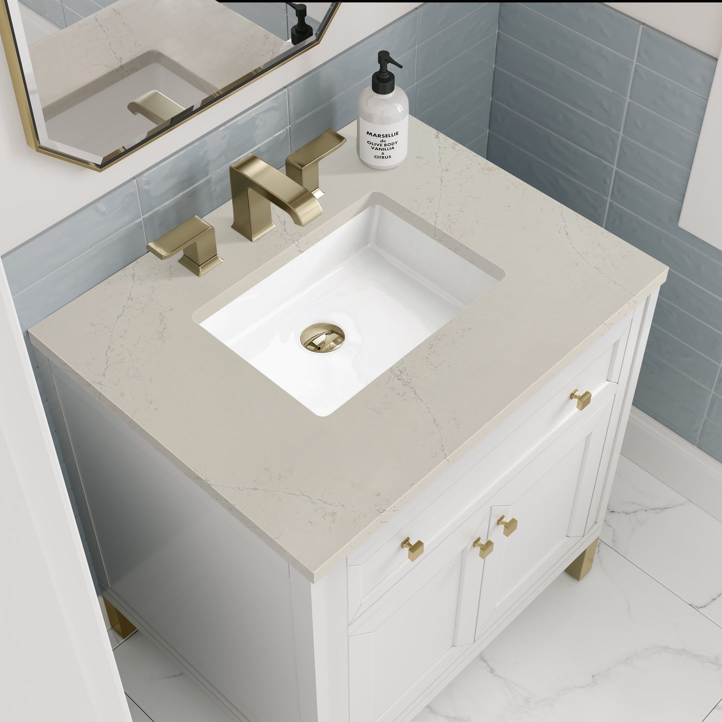 
                  
                    Chicago 30" Single Vanity in Glossy White James Martin Vanities Siberian Silestone 
                  
                