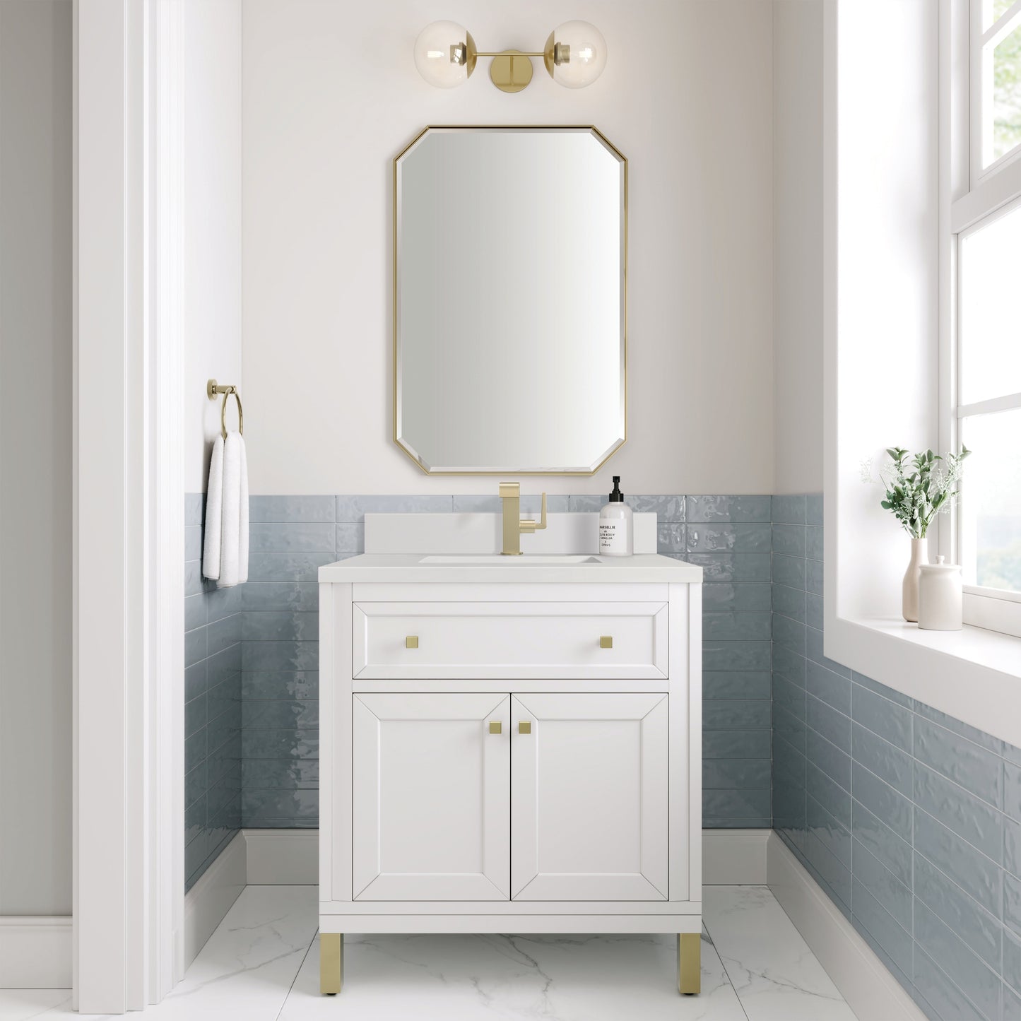 
                  
                    Chicago 30" Single Vanity in Glossy White James Martin Vanities White Zeus Silestone Single-Hole Faucet Top w/Backsplash 
                  
                