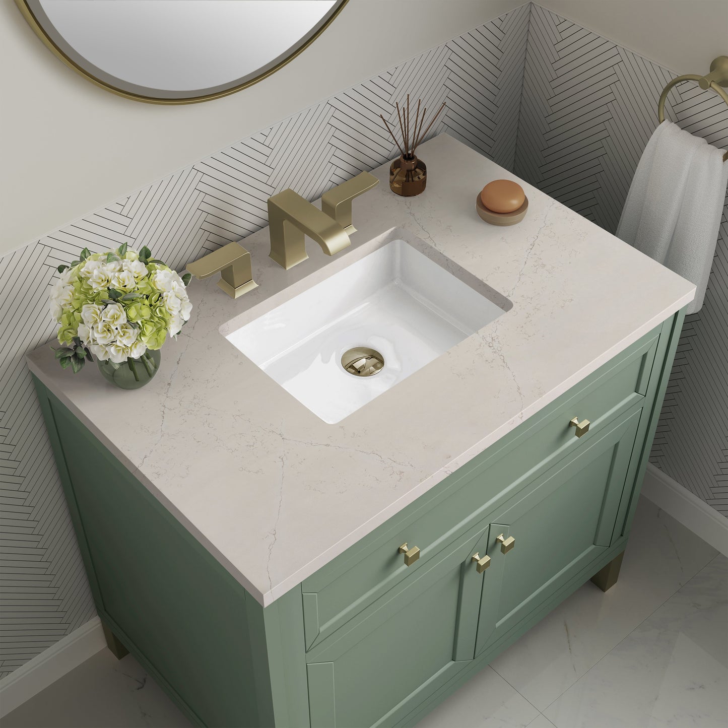 
                  
                    Chicago 36" Single Bathroom Vanity in Smokey Celadon Single Bathroom Vanity James Martin Vanities Siberian Silestone 
                  
                