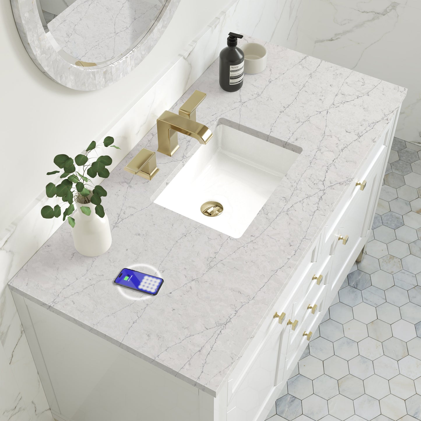 
                  
                    Chicago 48" Single Bathroom Vanity in Glossy White Single Bathroom Vanity James Martin Vanities FreePower-Enabled Eternal Jasmine Pearl Silestone 
                  
                