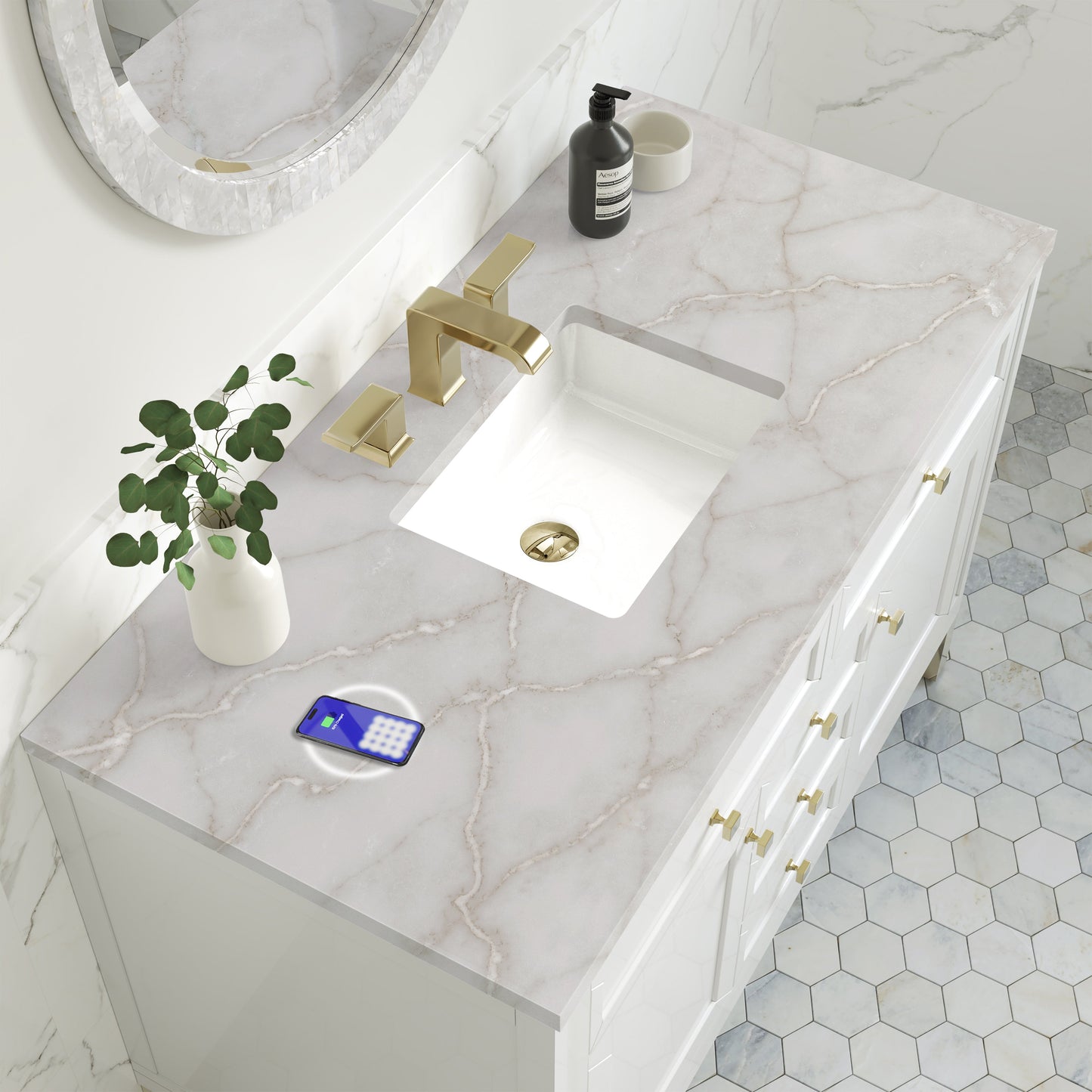 
                  
                    Chicago 48" Single Bathroom Vanity in Glossy White Single Bathroom Vanity James Martin Vanities FreePower-Enabled Victorian Silver Silestone 
                  
                