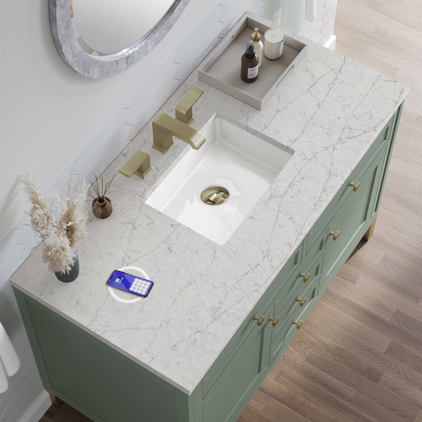 
                  
                    Chicago 48" Single Bathroom Vanity in Smokey Celadon Single Bathroom Vanity James Martin Vanities FreePower-Enabled Eternal Jasmine Pearl Silestone 
                  
                