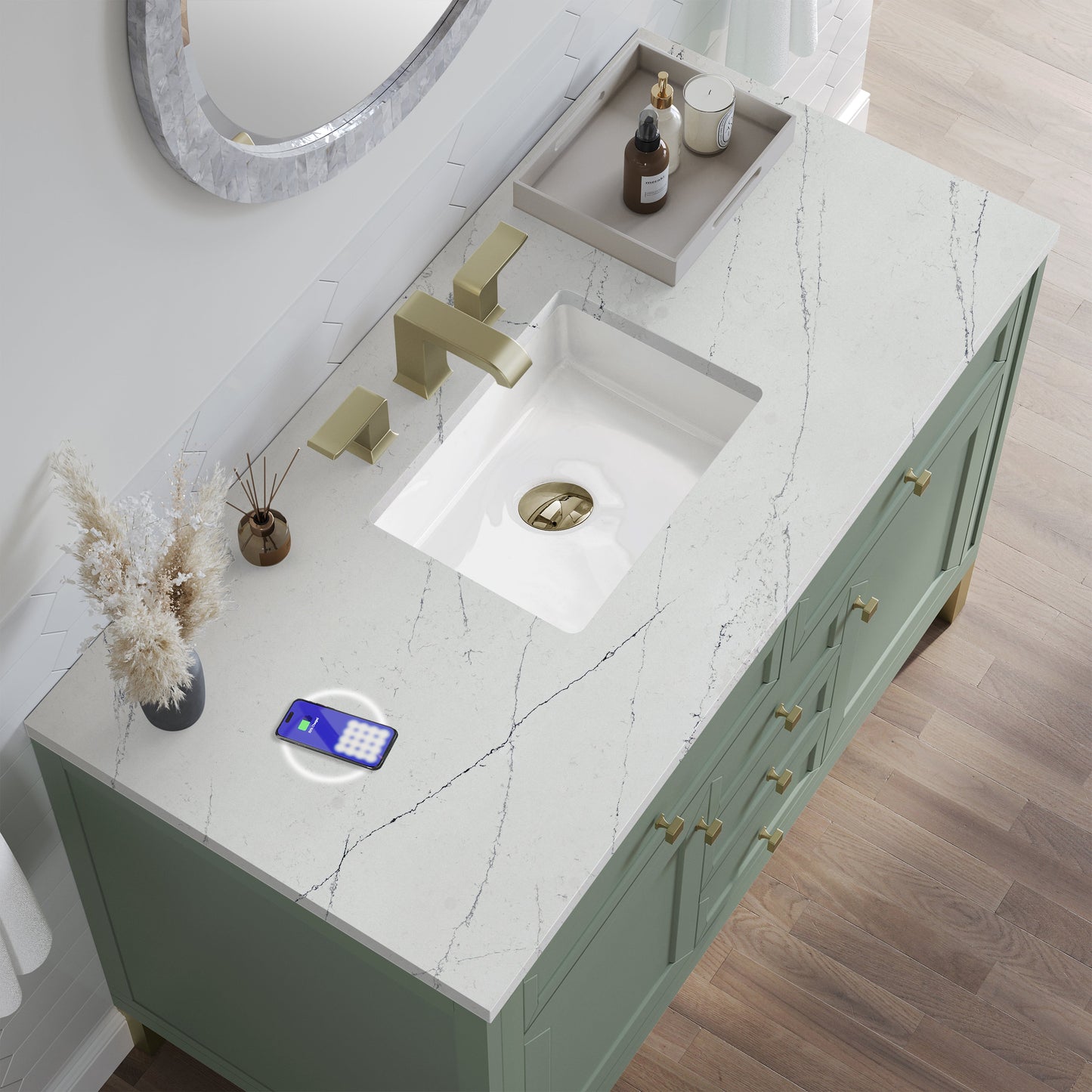 
                  
                    Chicago 48" Single Bathroom Vanity in Smokey Celadon Single Bathroom Vanity James Martin Vanities FreePower-Enabled Ethereal Noctis Silestone 
                  
                