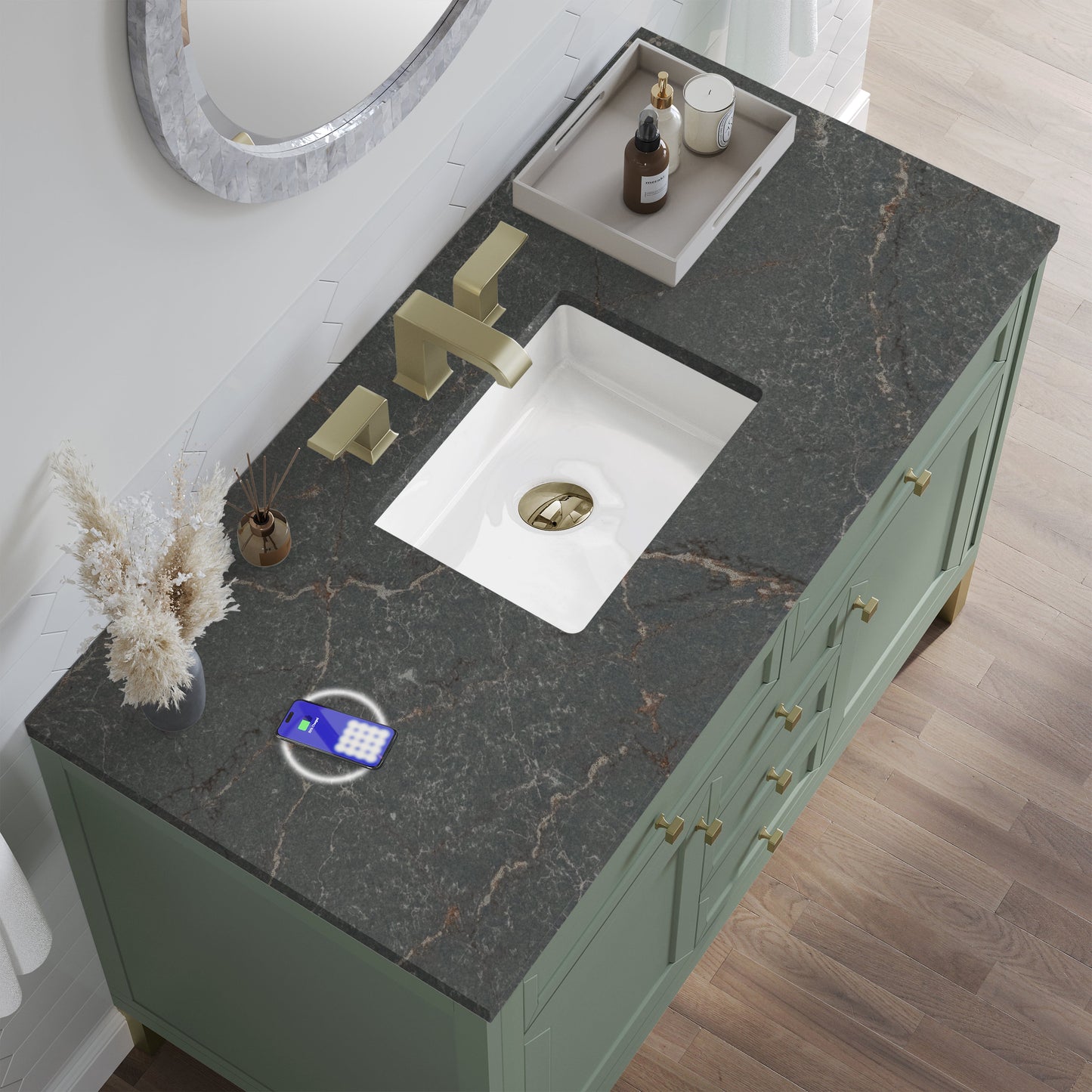 
                  
                    Chicago 48" Single Bathroom Vanity in Smokey Celadon Single Bathroom Vanity James Martin Vanities FreePower-Enabled Parisien Bleu Silestone 
                  
                