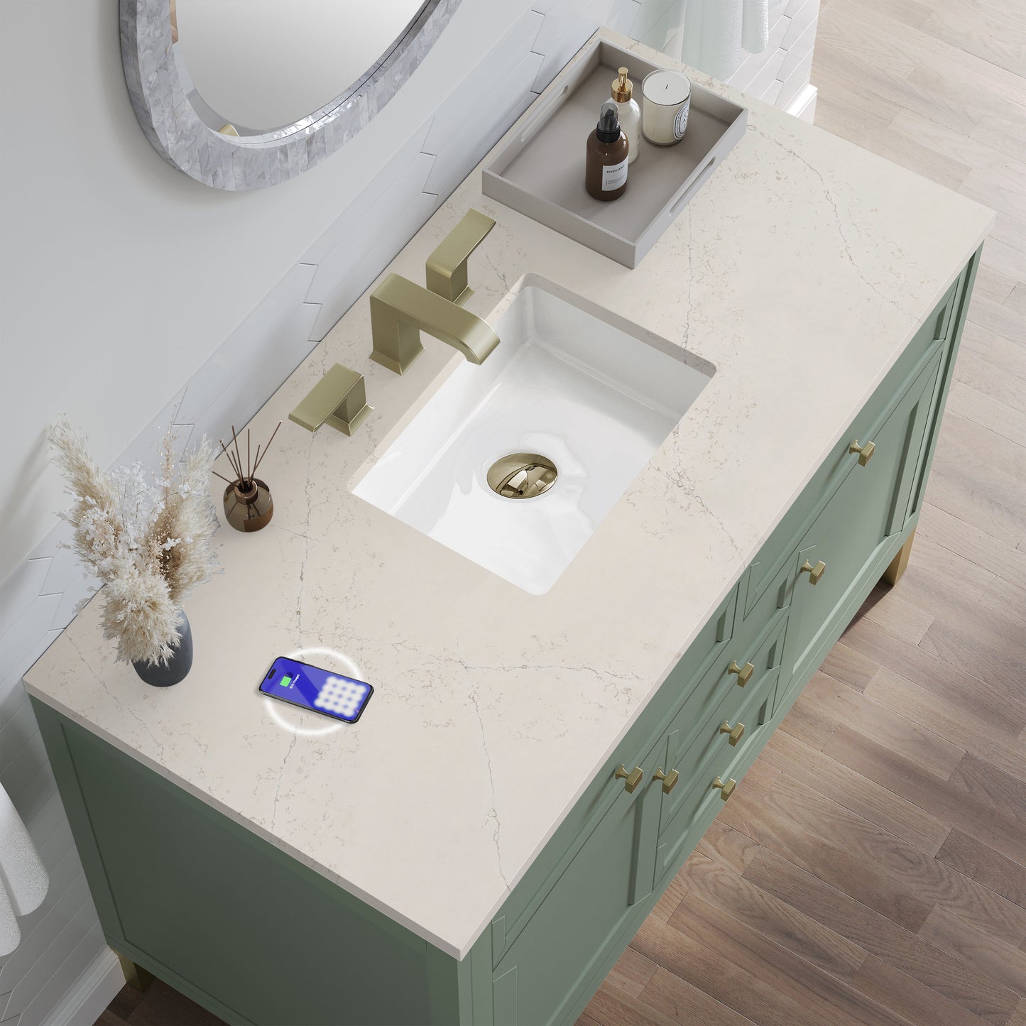 
                  
                    Chicago 48" Single Bathroom Vanity in Smokey Celadon Single Bathroom Vanity James Martin Vanities FreePower-Enabled Siberian Silestone 
                  
                