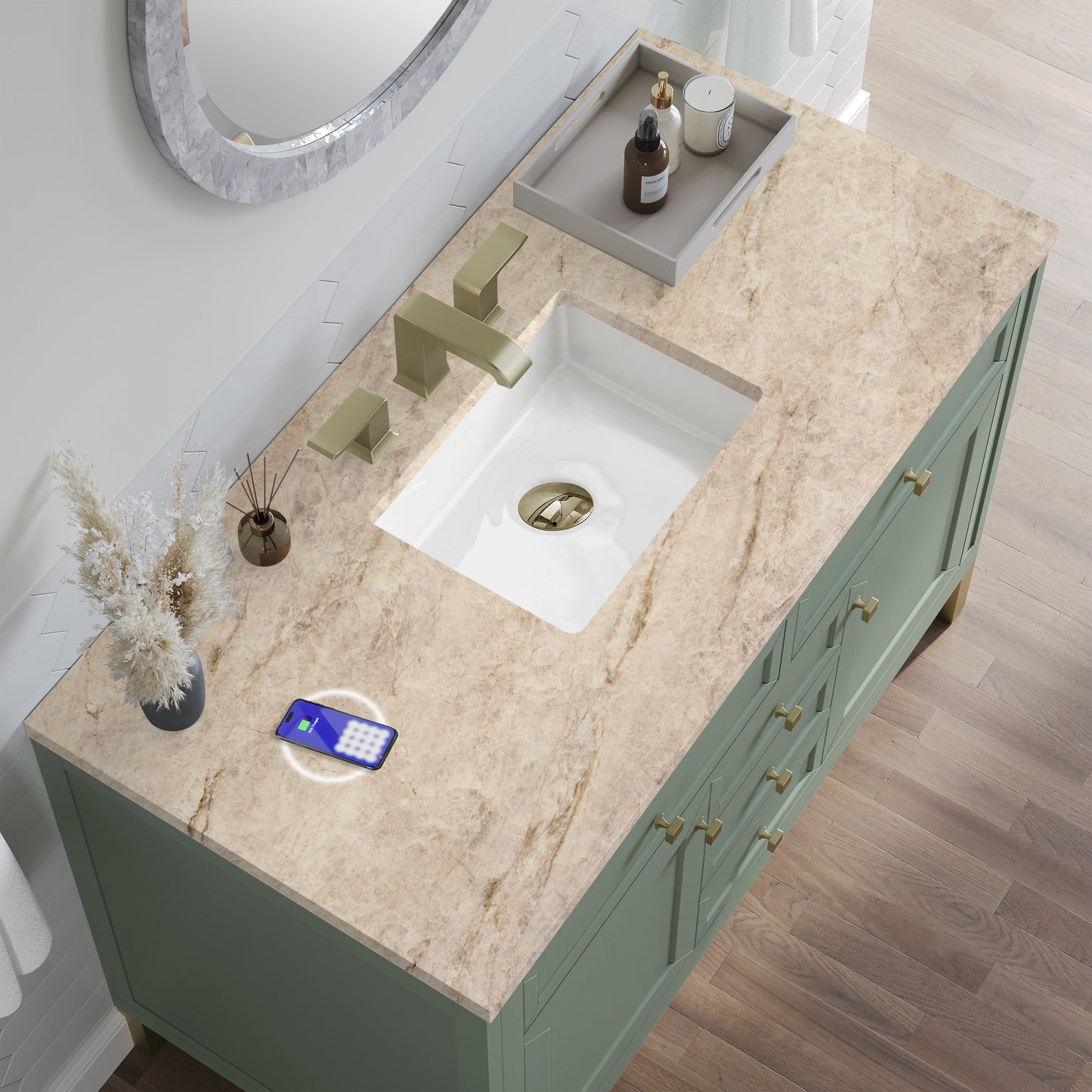 
                  
                    Chicago 48" Single Bathroom Vanity in Smokey Celadon Single Bathroom Vanity James Martin Vanities FreePower-Enabled Tajnar Eclos 
                  
                