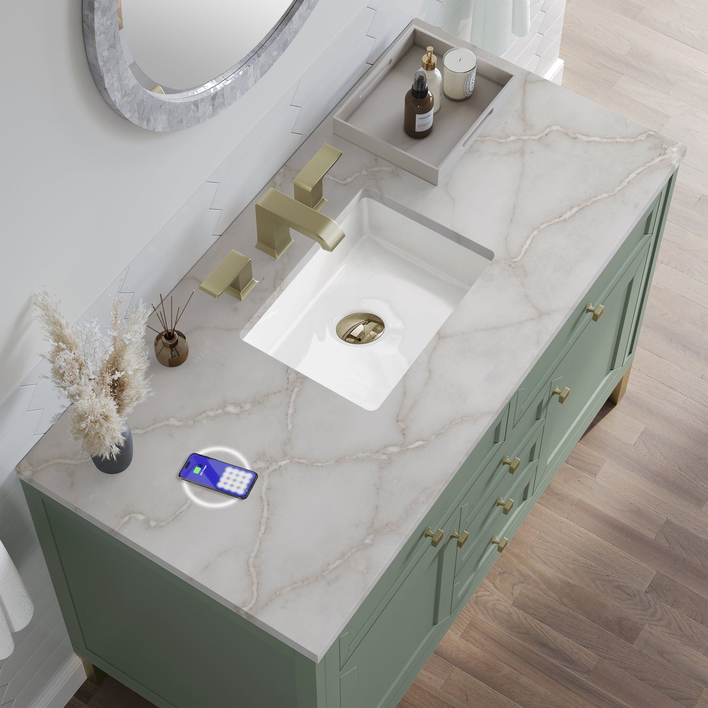 
                  
                    Chicago 48" Single Bathroom Vanity in Smokey Celadon Single Bathroom Vanity James Martin Vanities FreePower-Enabled Victorian Silver Silestone 
                  
                