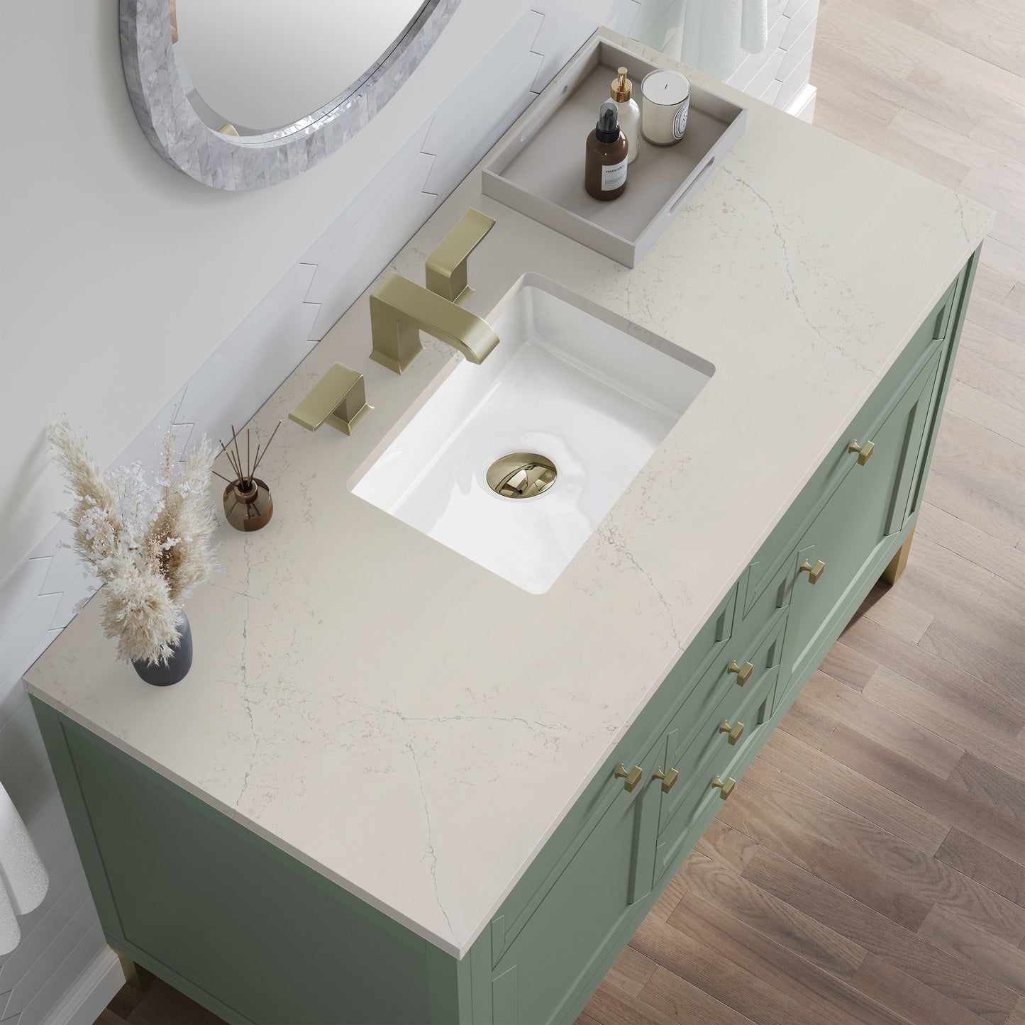 
                  
                    Chicago 48" Single Bathroom Vanity in Smokey Celadon Single Bathroom Vanity James Martin Vanities Siberian Silestone 
                  
                
