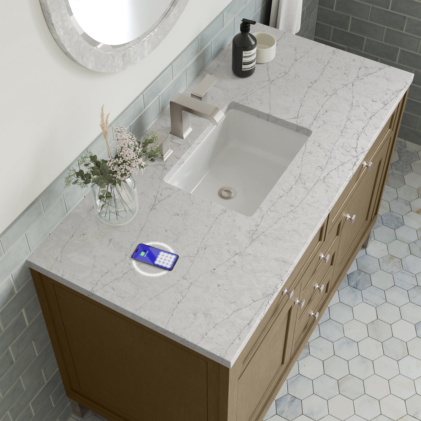 
                  
                    Chicago 48" Single Bathroom Vanity in Walnut Whisper Single Bathroom Vanity James Martin Vanities FreePower-Enabled Eternal Jasmine Pearl Silestone 
                  
                