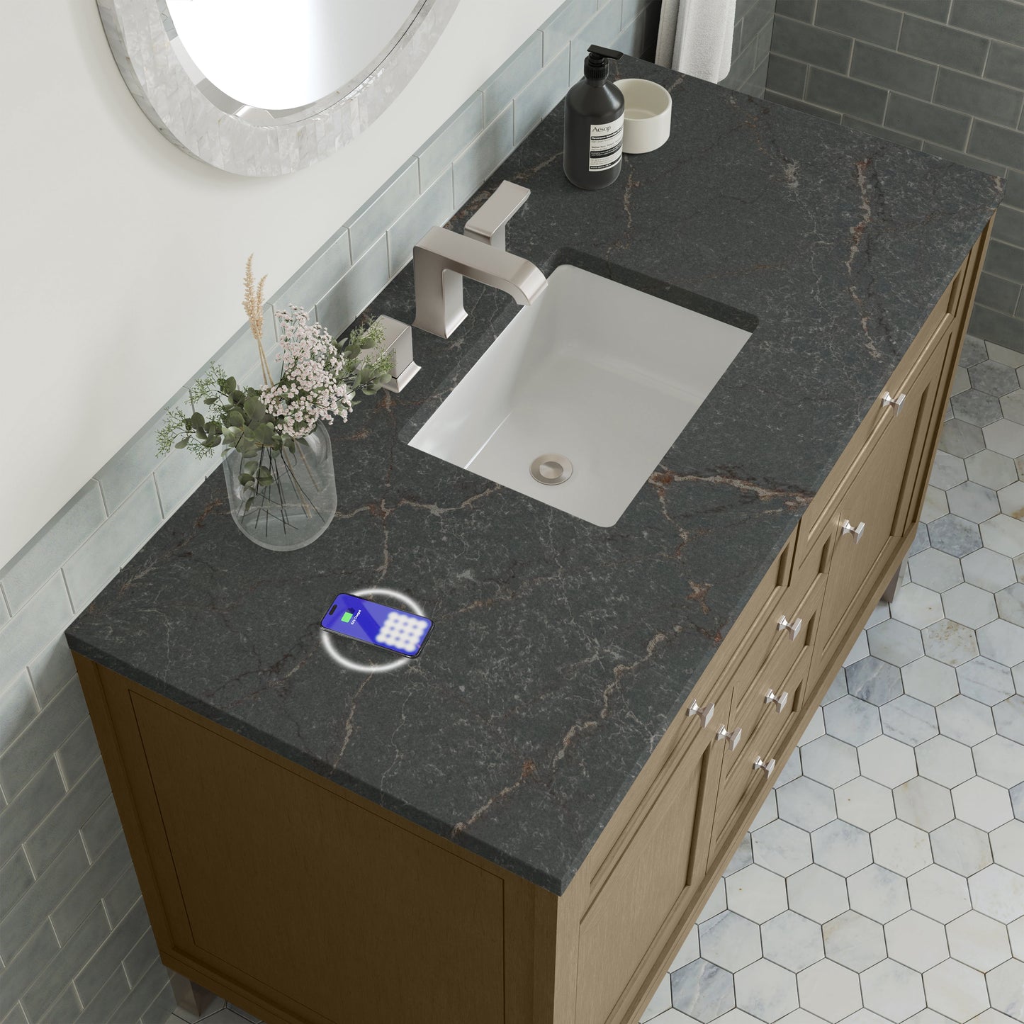 
                  
                    Chicago 48" Single Bathroom Vanity in Walnut Whisper Single Bathroom Vanity James Martin Vanities FreePower-Enabled Parisien Bleu Silestone 
                  
                