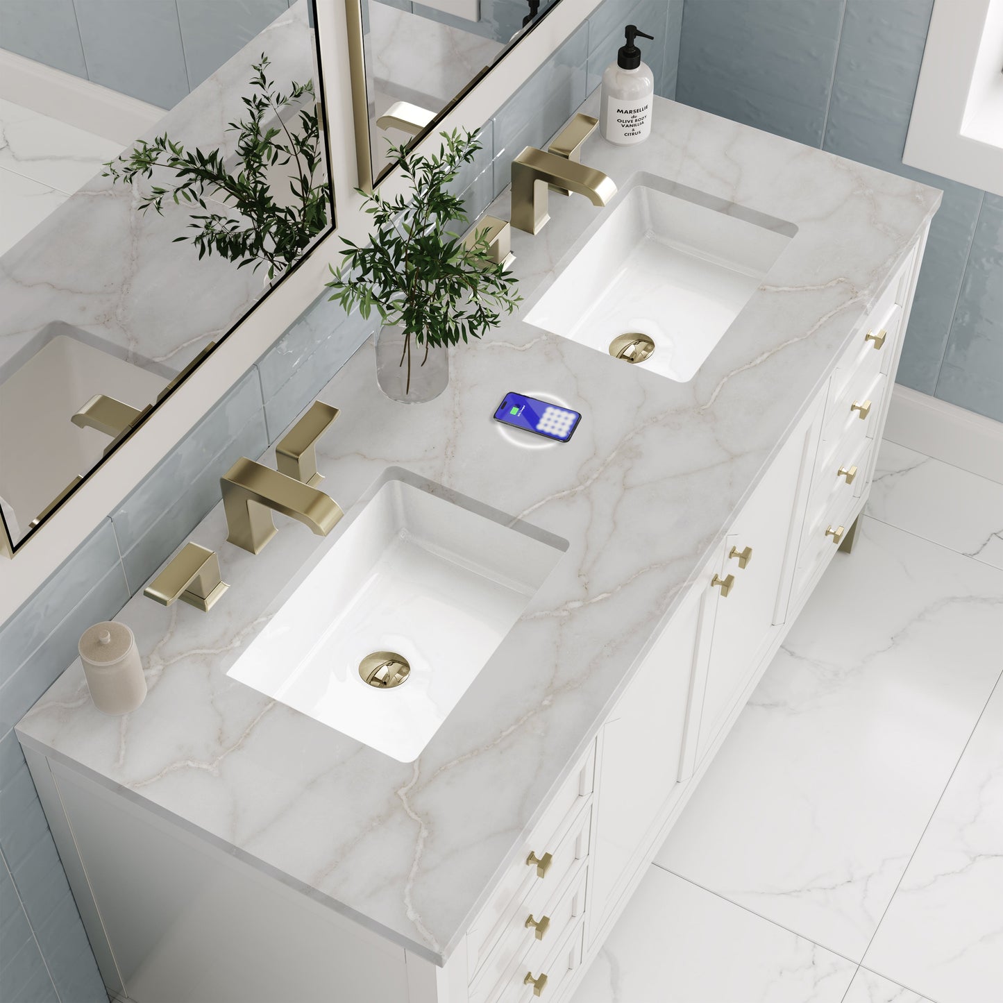 
                  
                    Chicago 60" Double Bathroom Vanity in Glossy White Double bathroom Vanity James Martin Vanities FreePower-Enabled Victorian Silver Silestone 
                  
                
