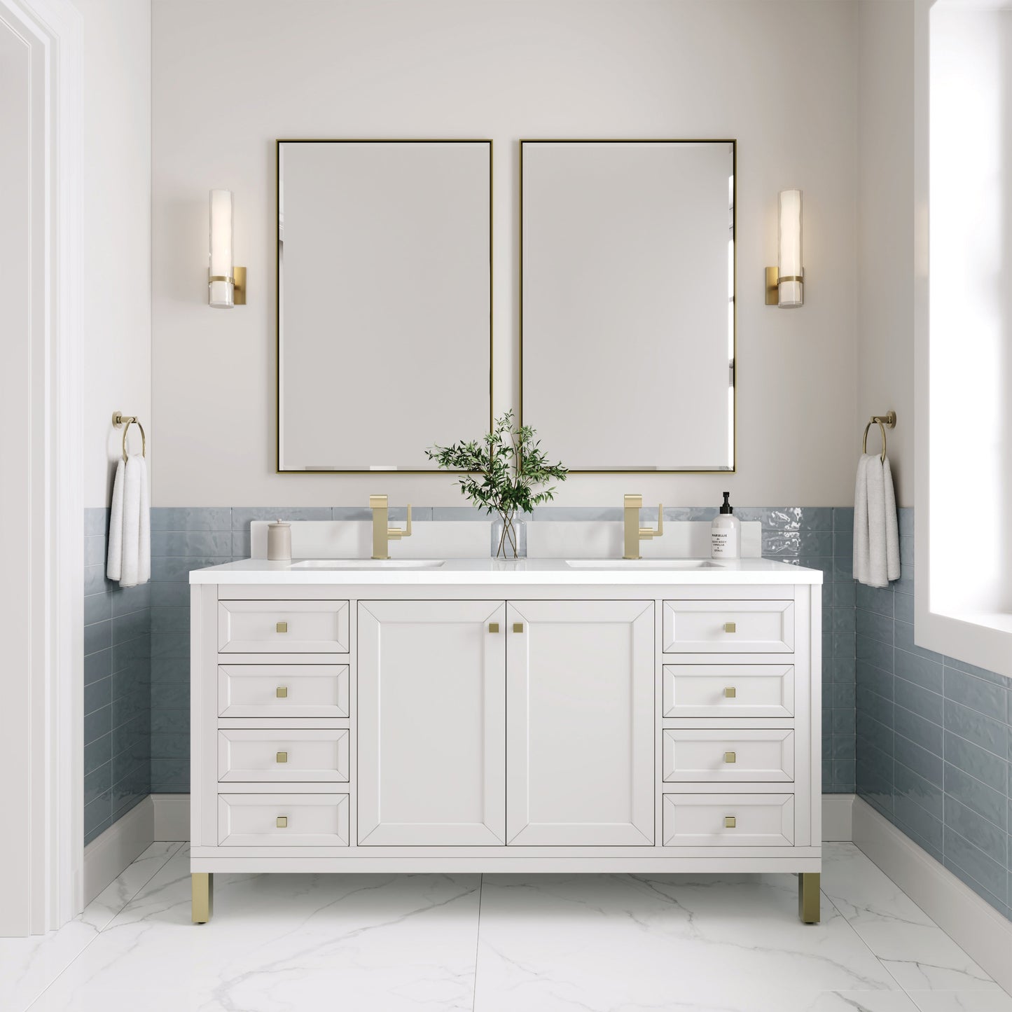 
                  
                    Chicago 60" Double Bathroom Vanity in Glossy White Double bathroom Vanity James Martin Vanities White Zeus Silestone Single-Hole Faucet Top w/Backsplash 
                  
                