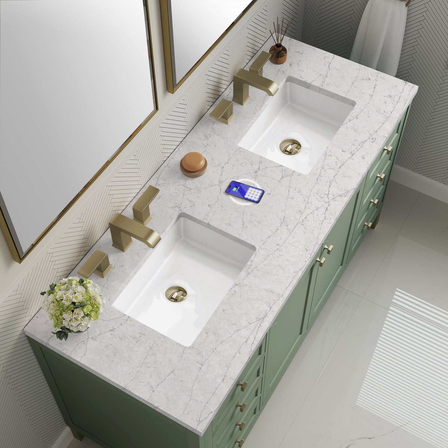 
                  
                    Chicago 60" Double Bathroom Vanity in Smokey Celadon Double bathroom Vanity James Martin Vanities FreePower-Enabled Eternal Jasmine Pearl Silestone 
                  
                